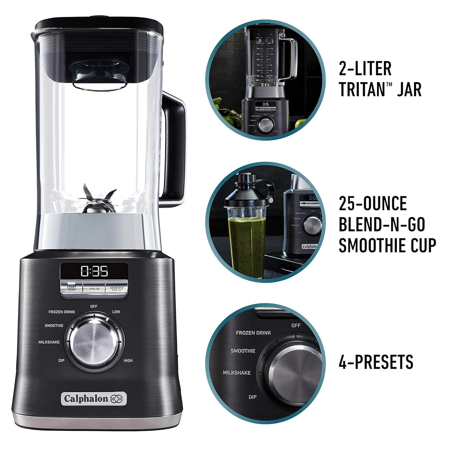 Calphalon Auto-Speed 2-Liter Blender with Blend-N-Go Smoothie Cup, Dark Stainless Steel