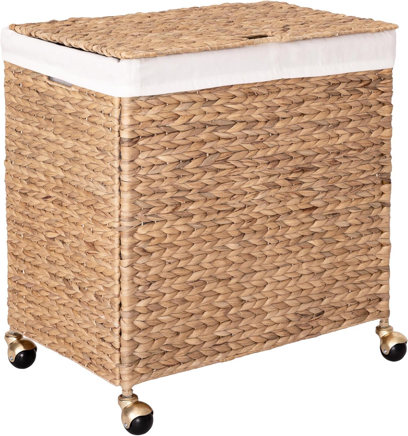 Natural Wicker Lidded Laundry Hamper with Gold Casters