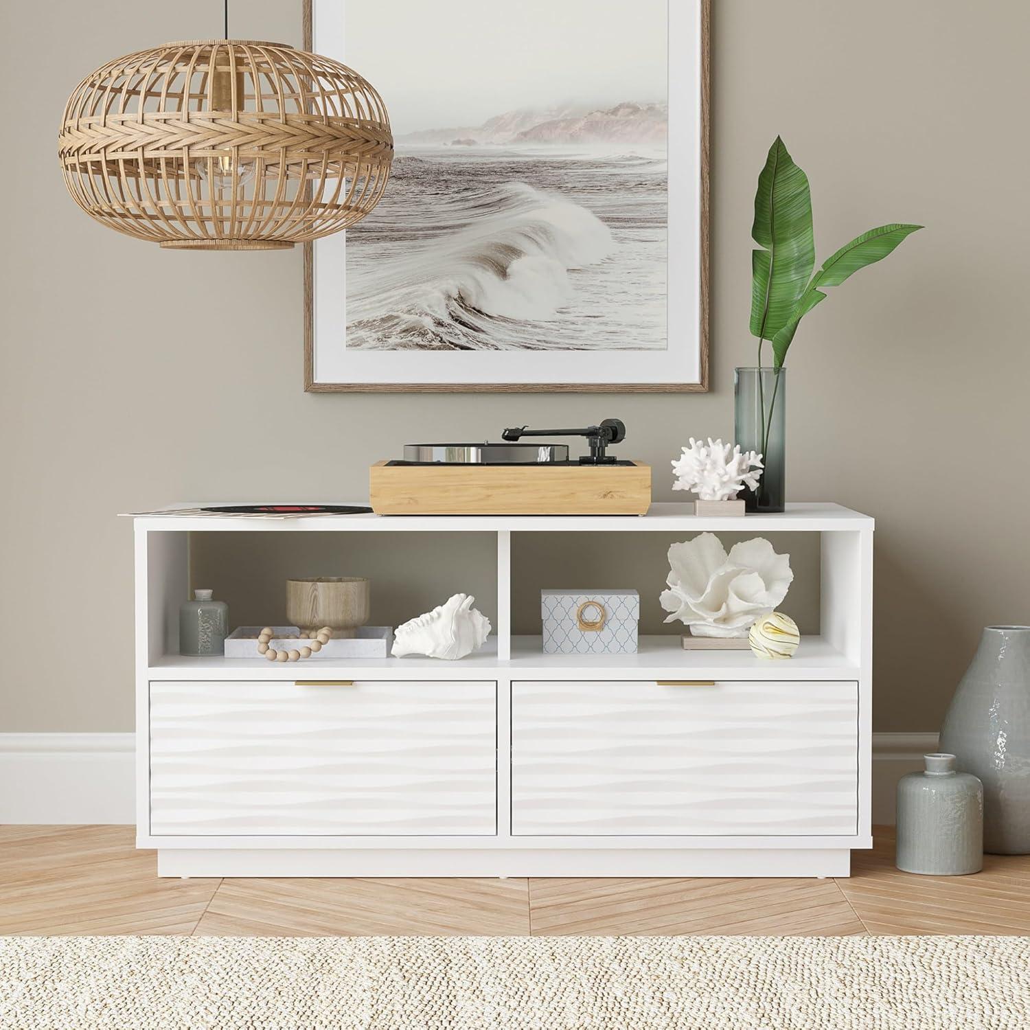 White Modern TV Stand with Drawers and Open Storage