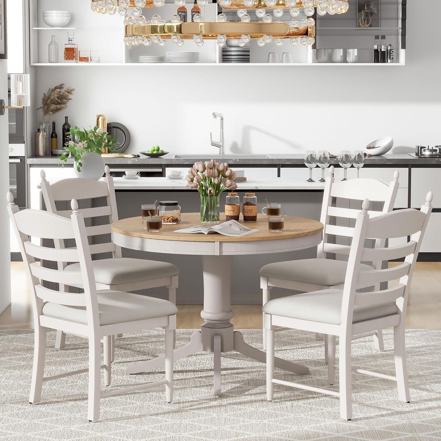 MERITLINE Dining Table Set, 5-Piece Retro Functional Dining Table Set, Wood Round Extendable Dining Table and 4 Upholstered Dining Chairs（Off White）