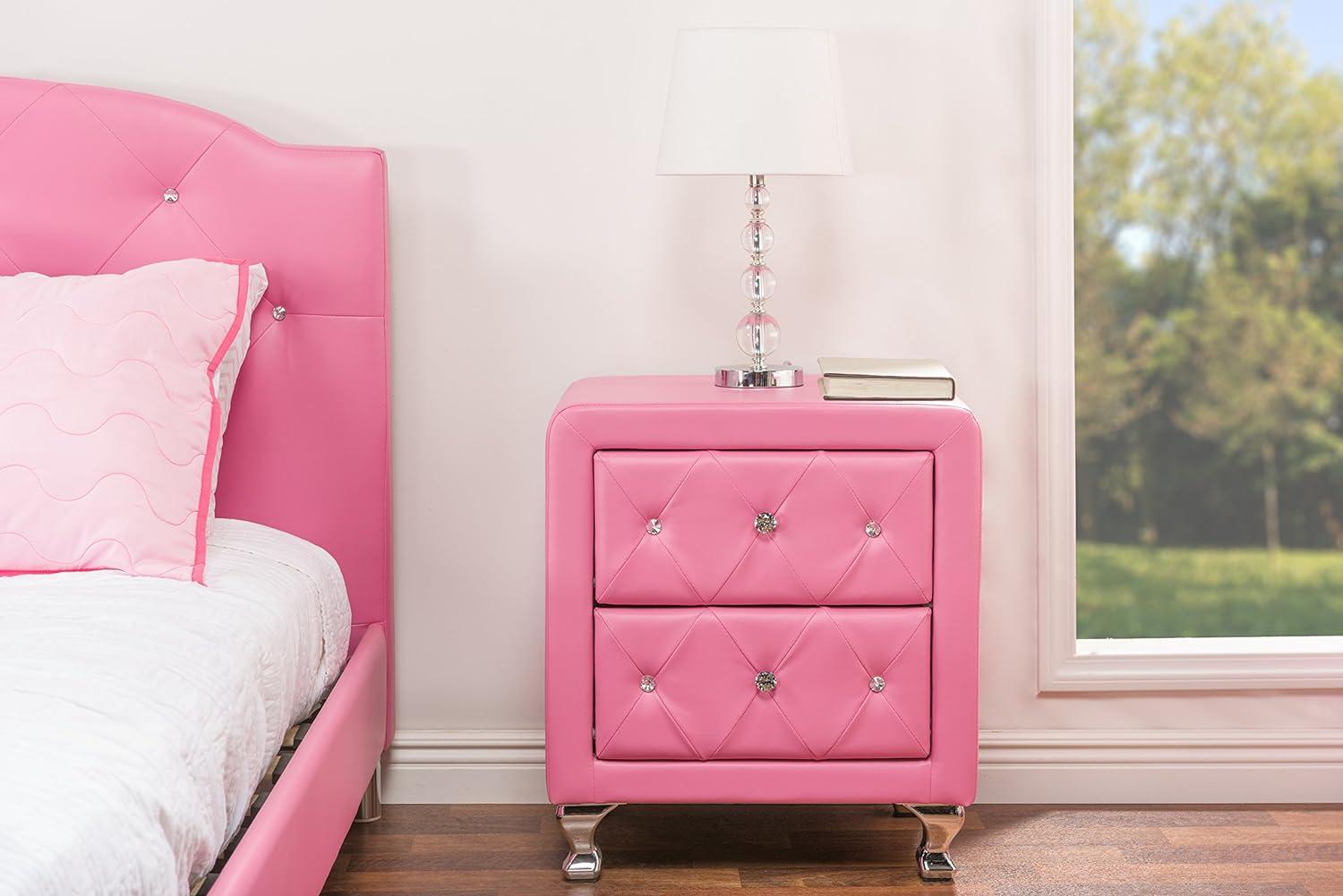 Stella Pink Faux Leather 2-Drawer Crystal Tufted Nightstand