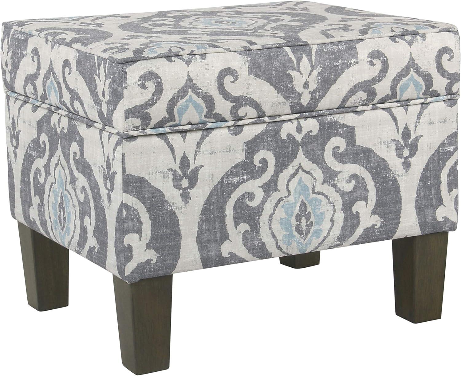 Medium Storage Ottoman Gray/Blue - HomePop: Upholstered Rectangular Footstool with Damask Pattern, Plywood & Hardwood Frame