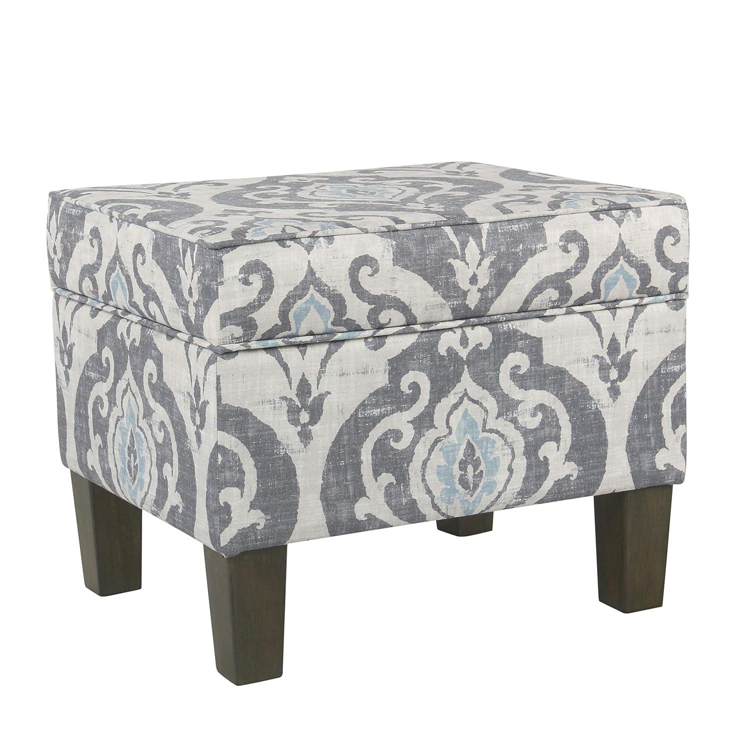 Medium Storage Ottoman Gray/Blue - HomePop: Upholstered Rectangular Footstool with Damask Pattern, Plywood & Hardwood Frame