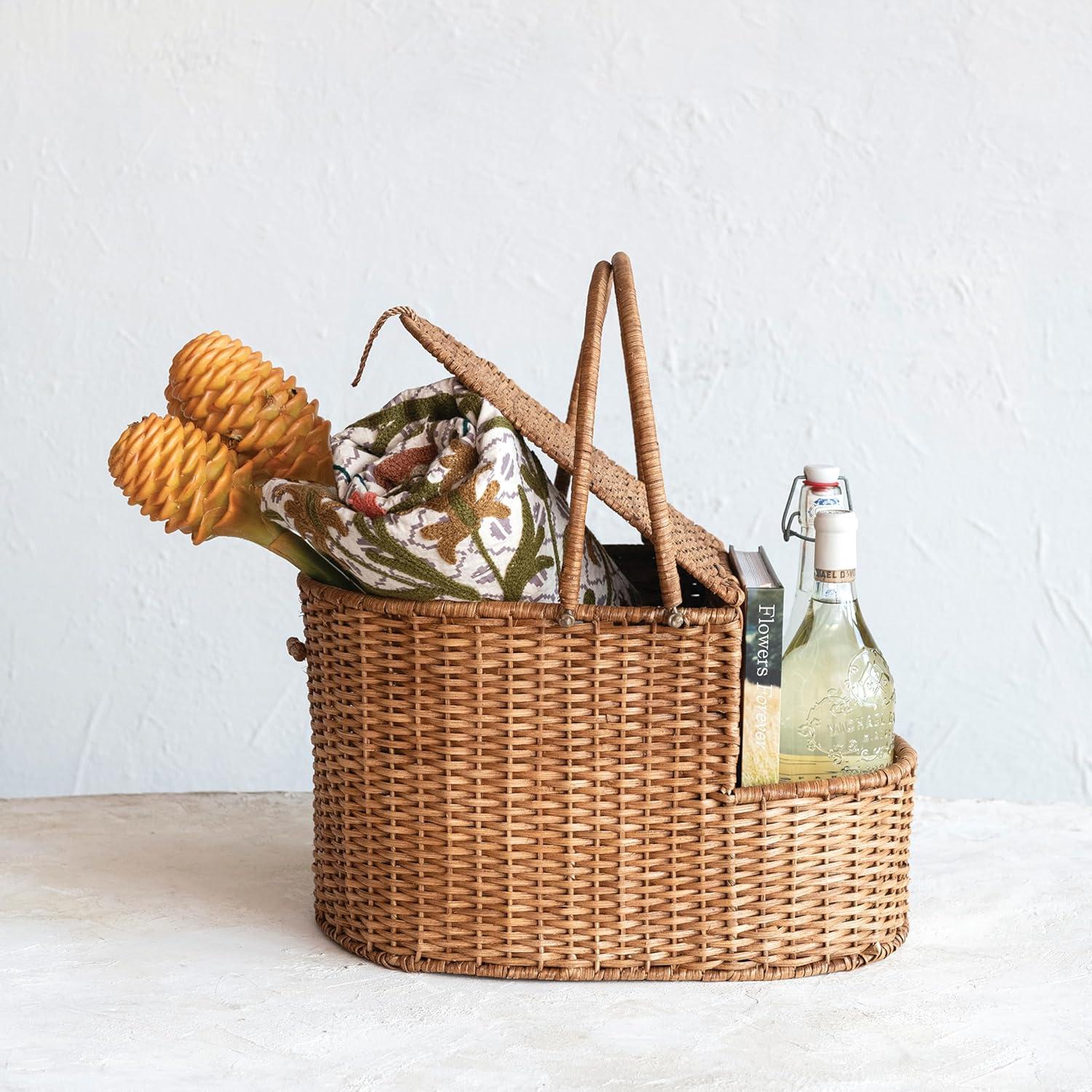 Creative Co-Op Oval Rattan Wicker Picnic Basket with Open Side Compartment, Natural