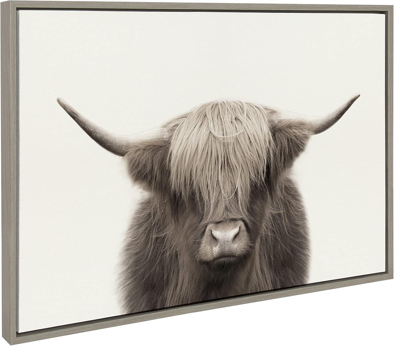 Kate and Laurel Sylvie Hey Dude Highland Cow Color Framed Canvas by The Creative Bunch Studio, 23x33, Gray