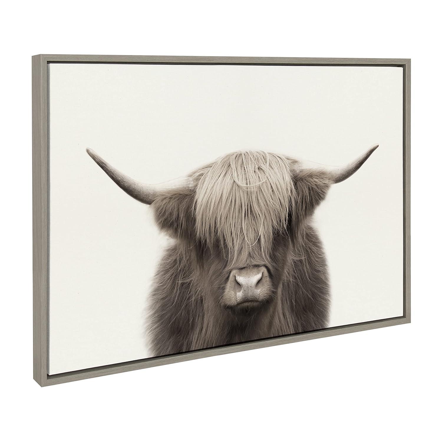 Kate and Laurel Sylvie Hey Dude Highland Cow Color Framed Canvas by The Creative Bunch Studio, 23x33, Gray