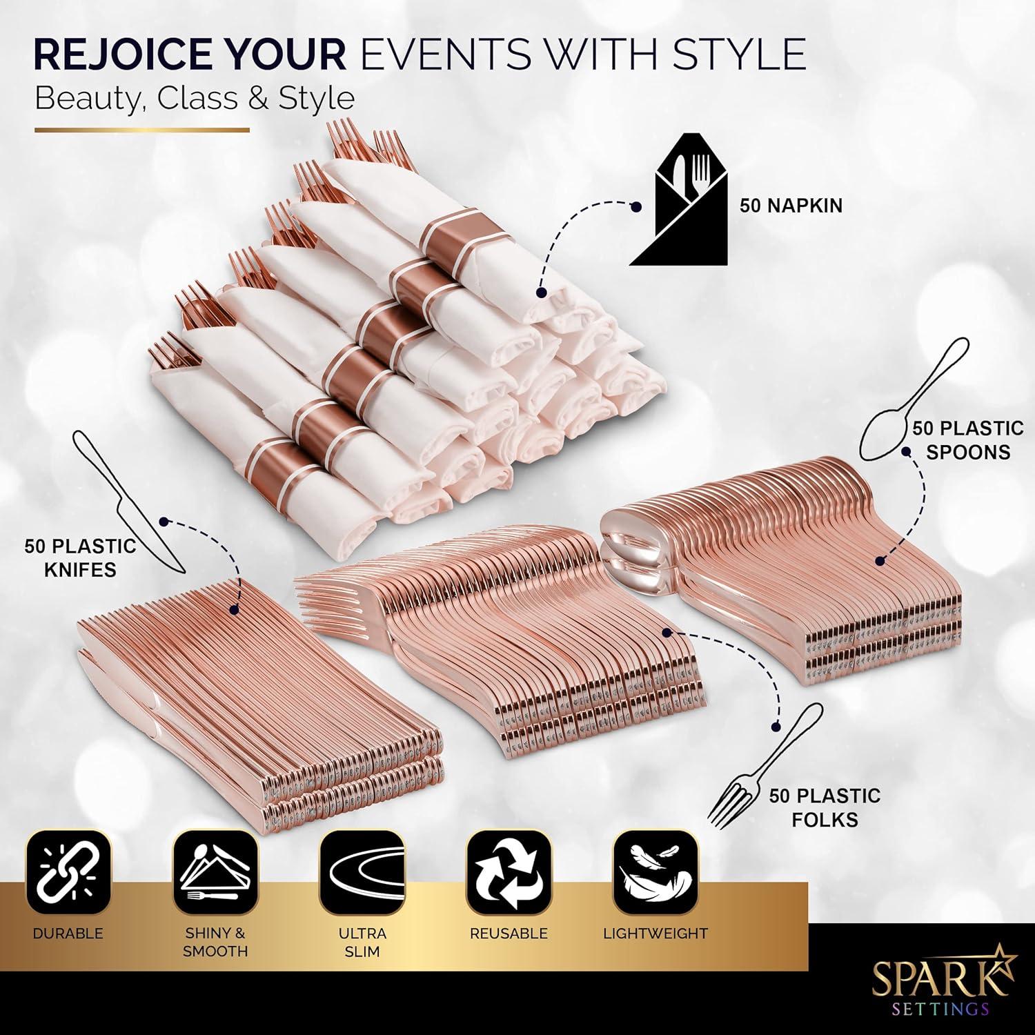 SparkSettings Rose Gold Plastic Silverware, 50 Pre Rolled Napkin and Cutlery Set