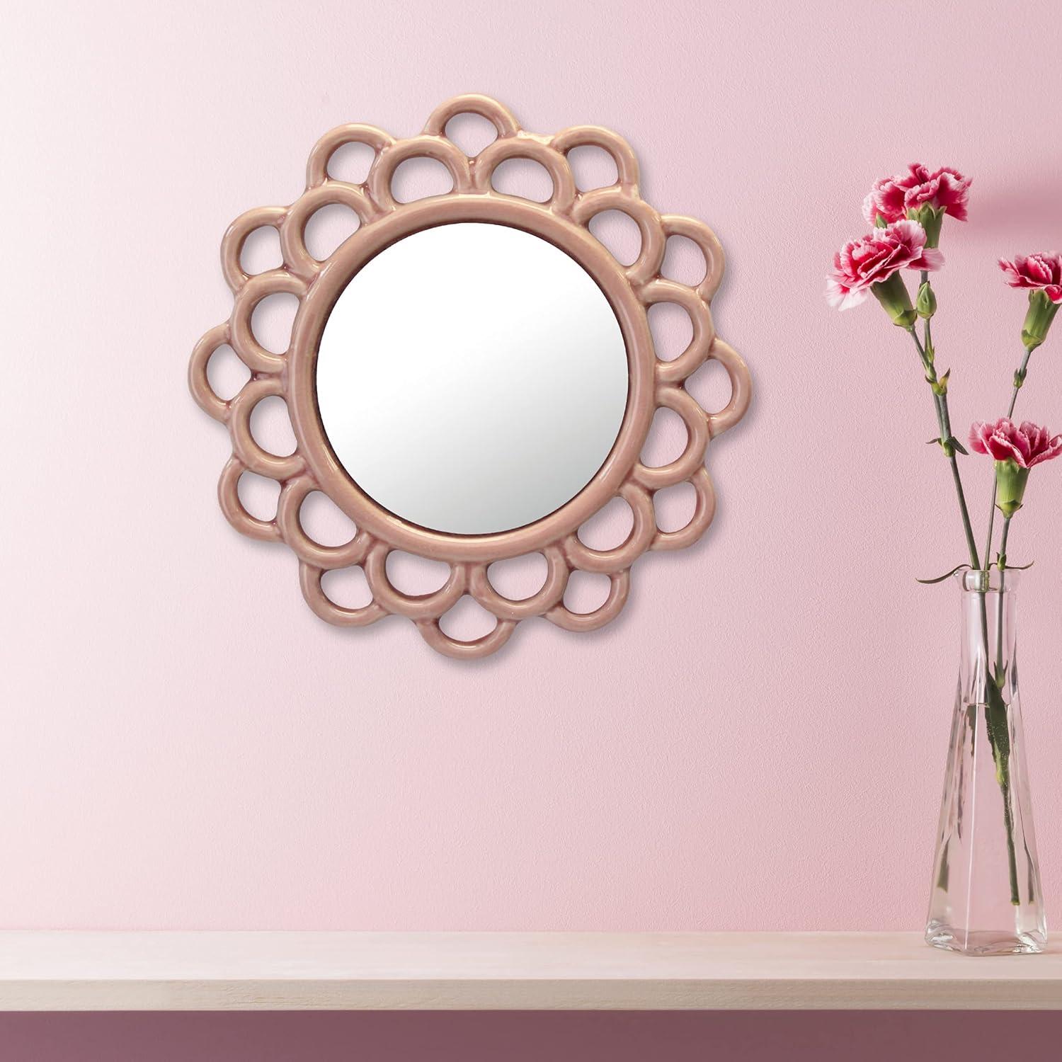 9" Decorative Round Floral Ceramic Wall Hanging Mirror Pink - Stonebriar Collection: Elegant Scalloped Edge, Keyhole Hanger