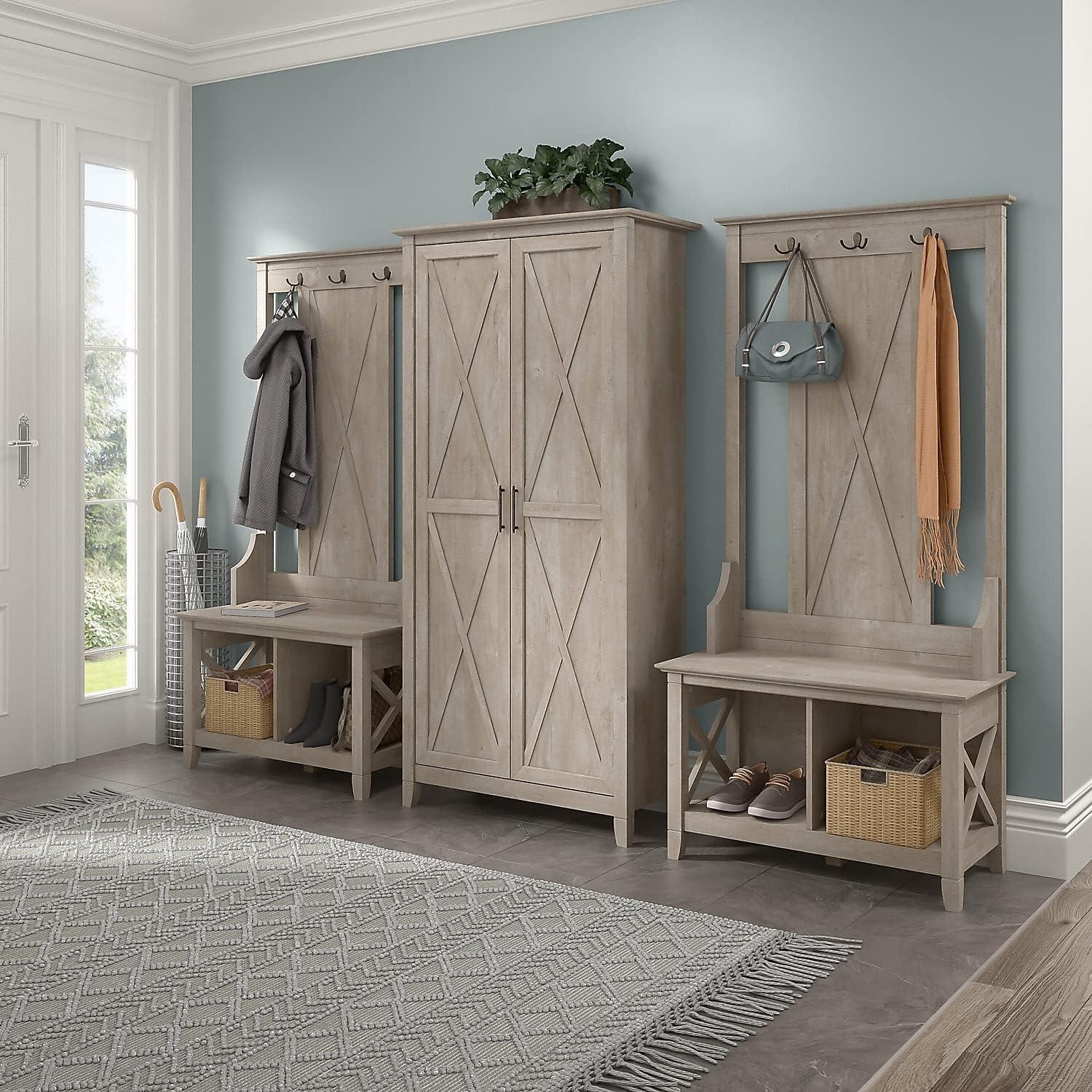 Washed Gray Tall Bathroom Storage Cabinet with Adjustable Shelves