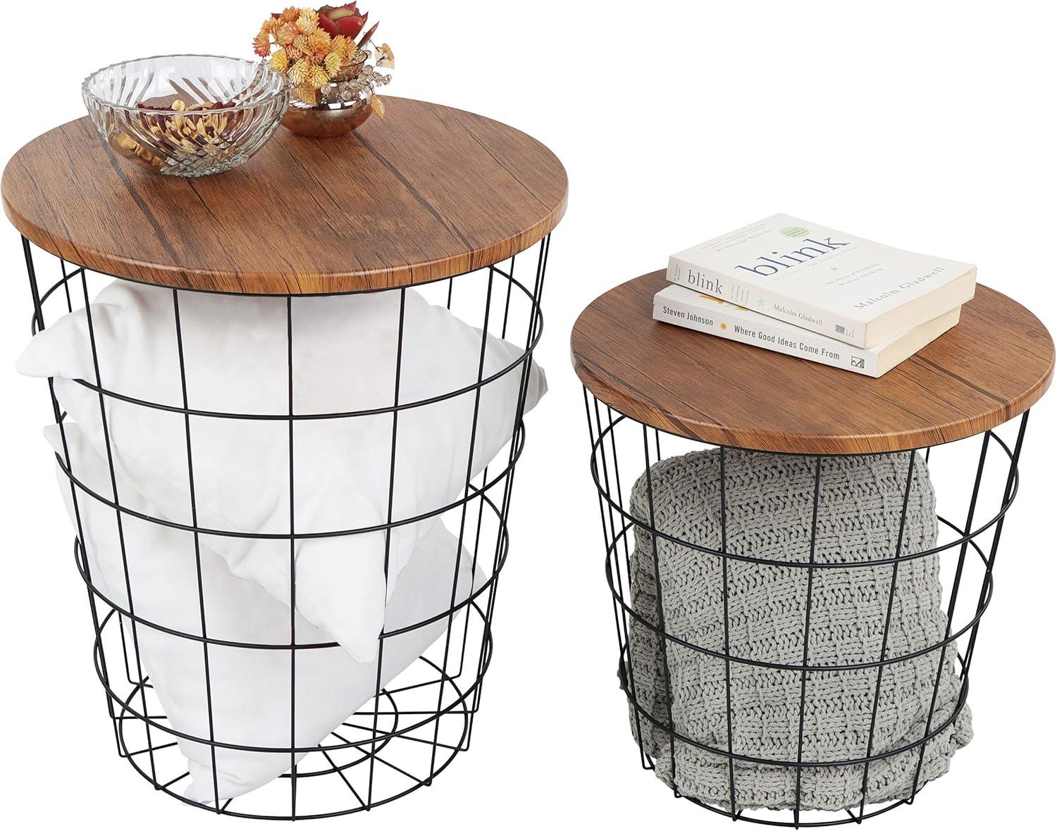 7Penn Nesting Side Tables Wire Basket Table with Lid 2pc End Table with Storage