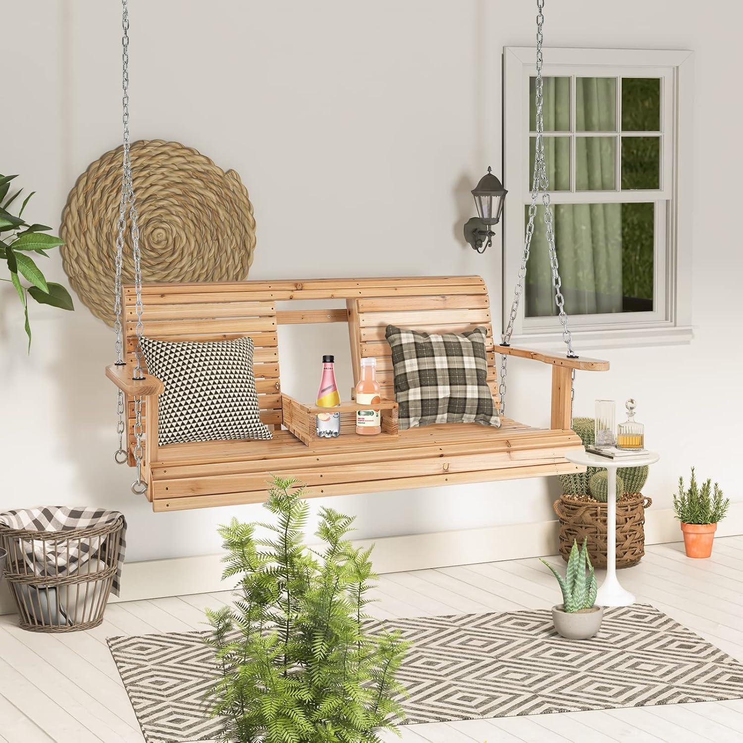 Natural Fir Wood 2-Person Porch Swing with Cup Holders