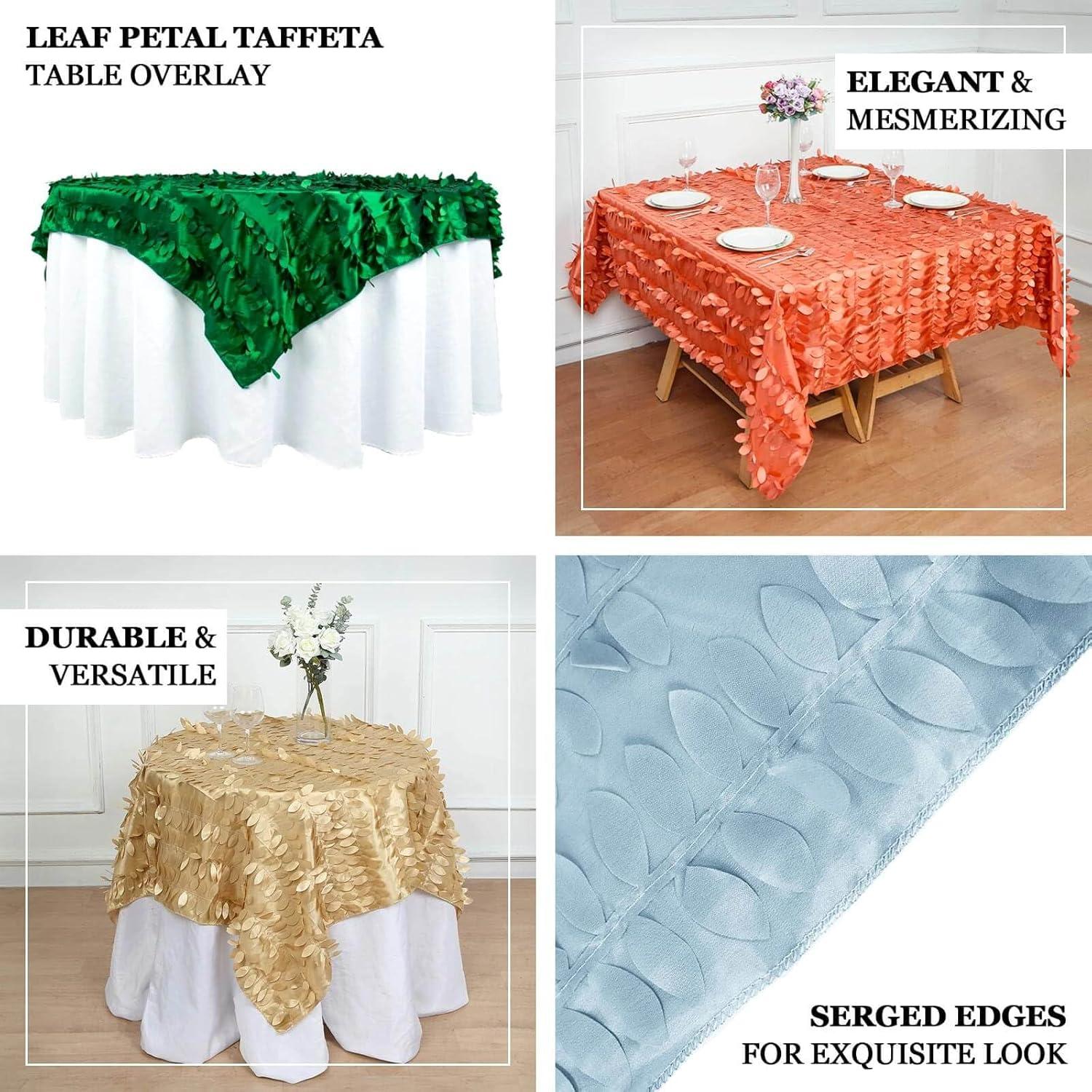 Efavormart 90"x90" Square Leaf Petal Taffeta Tablecloth - Decorative 3D Leaf Ruffle Table Cover for Forest Party, Wedding, Event, Dessert Tables - Green