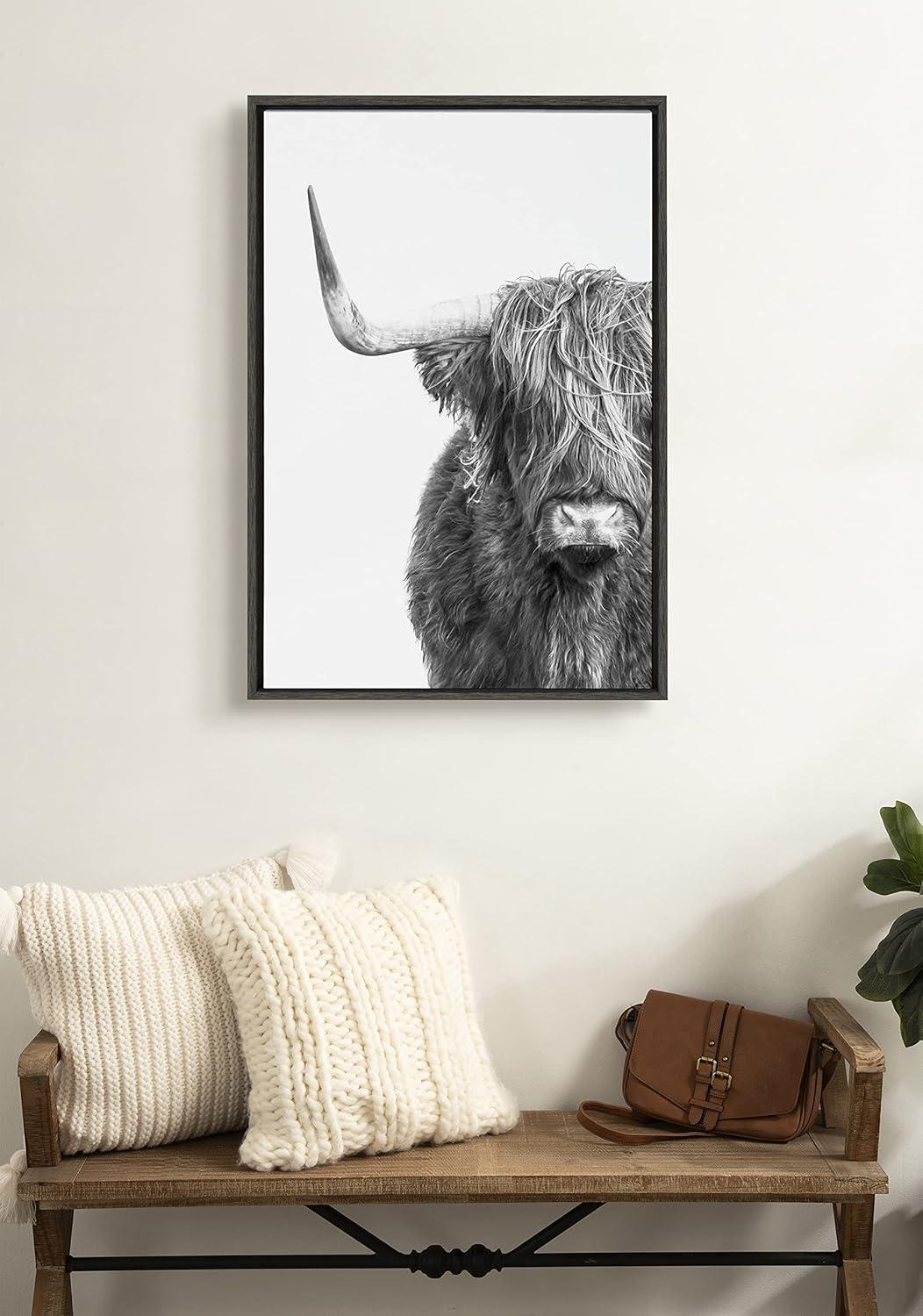 Kate and Laurel Sylvie BW highland Cow No. 1 Framed Canvas Wall Art by Amy Peterson Art Studio, 23x33 Gray, Rustic Animal Wall Decor for Wall