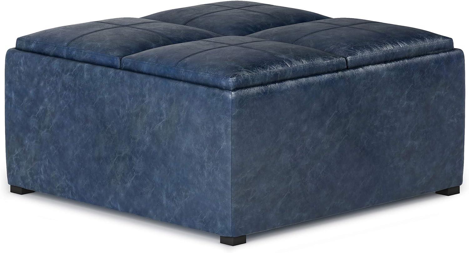 Avalon Denim Blue Square Storage Ottoman with Flip Trays