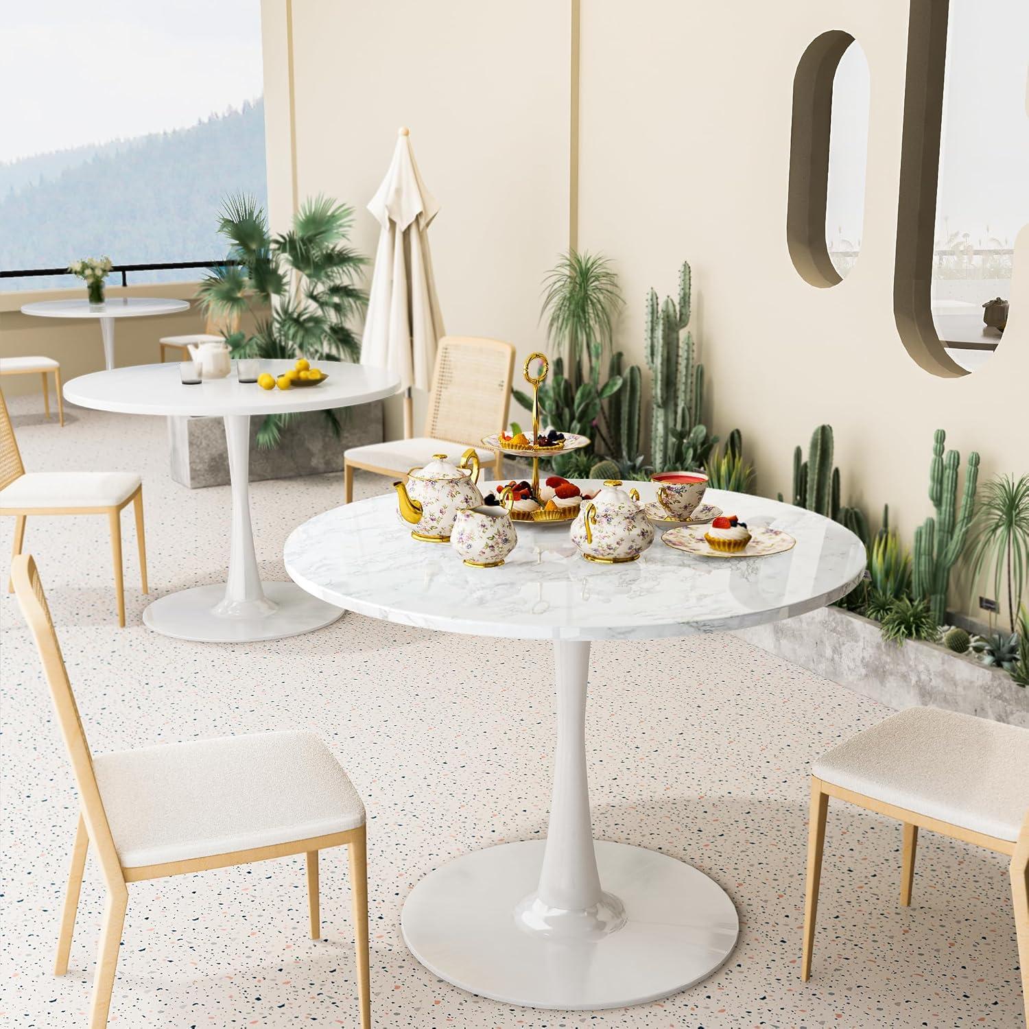 White Marble Round Pedestal Dining Table for Four