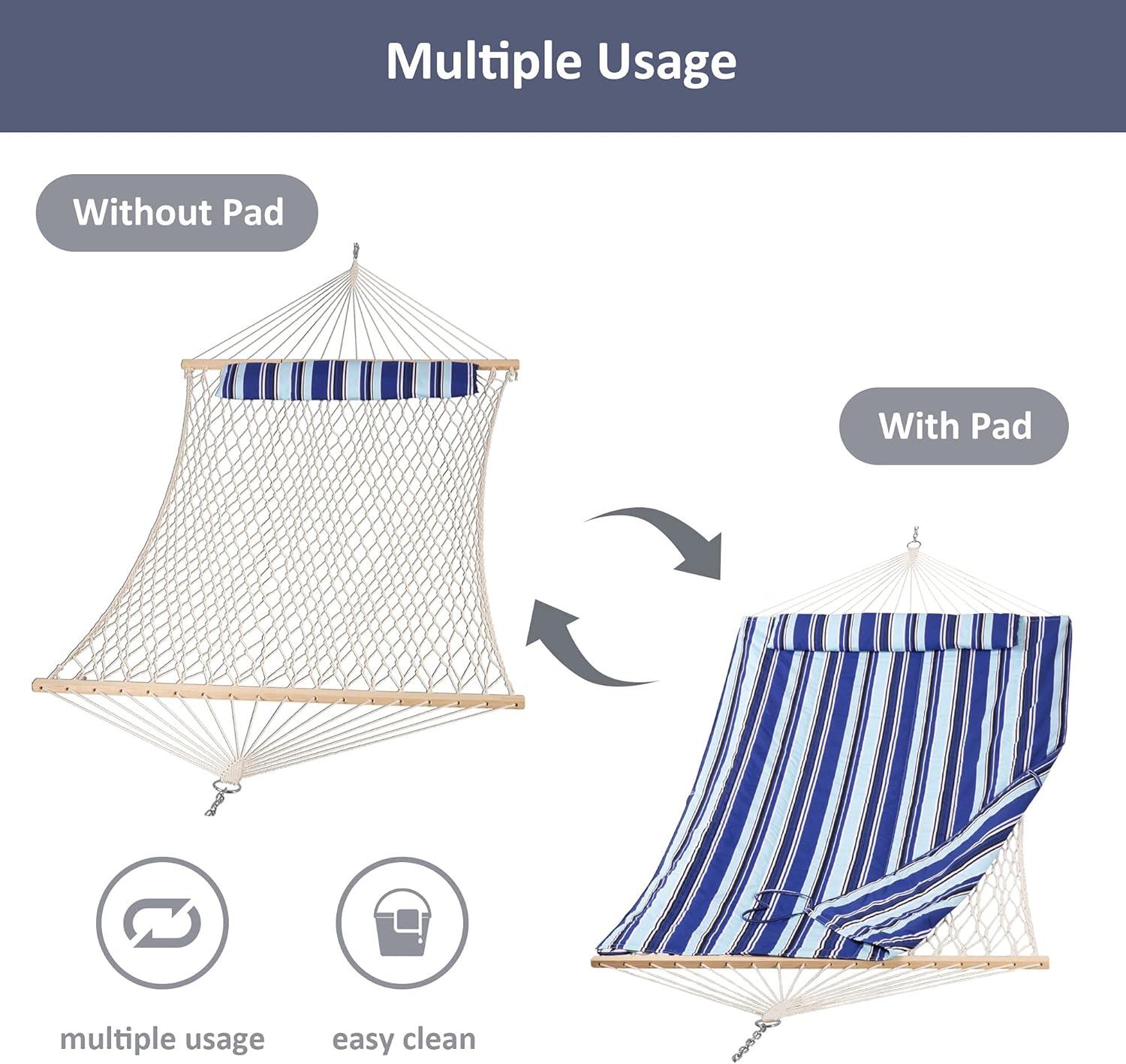 Sunnydaze Quilted Double Fabric 2-Person Hammock with Curved Arc Wood Stand - 400 lb Weight Capacity/13' Stand - Catalina Beach