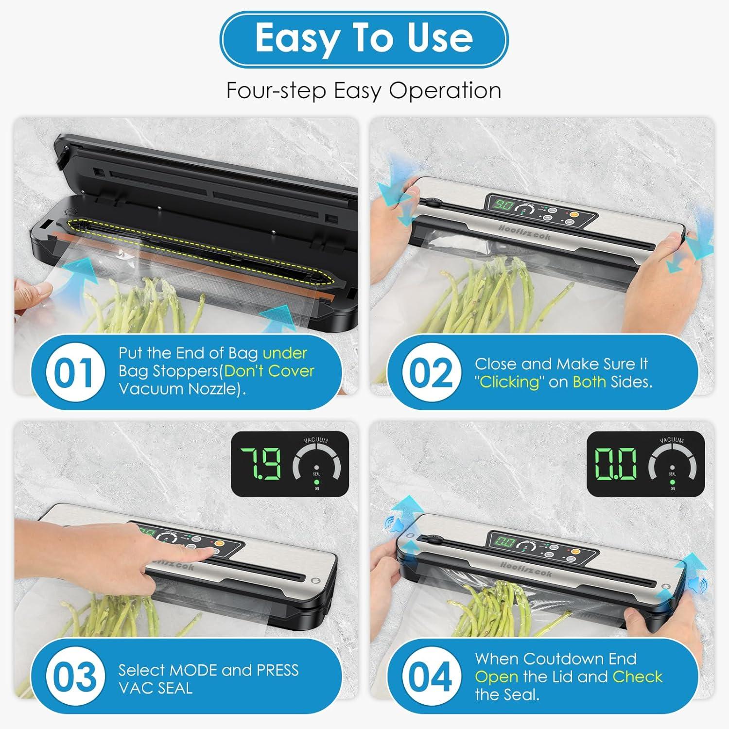 Vacuum Sealer Machine for Food, Automatic 8-In-1 Food Sealer Vacuum Sealing Saver for Liquid/Dry/Moist, Manual/External Super Strong Suction,Pulse Function,Countdown Display,Starter Kit