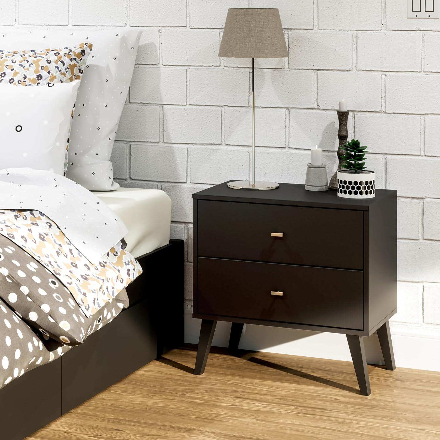 Mid Century Modern 2 Drawer Wide Nightstand Black - Prepac: Sleek Bedside Furniture, Tapered Legs