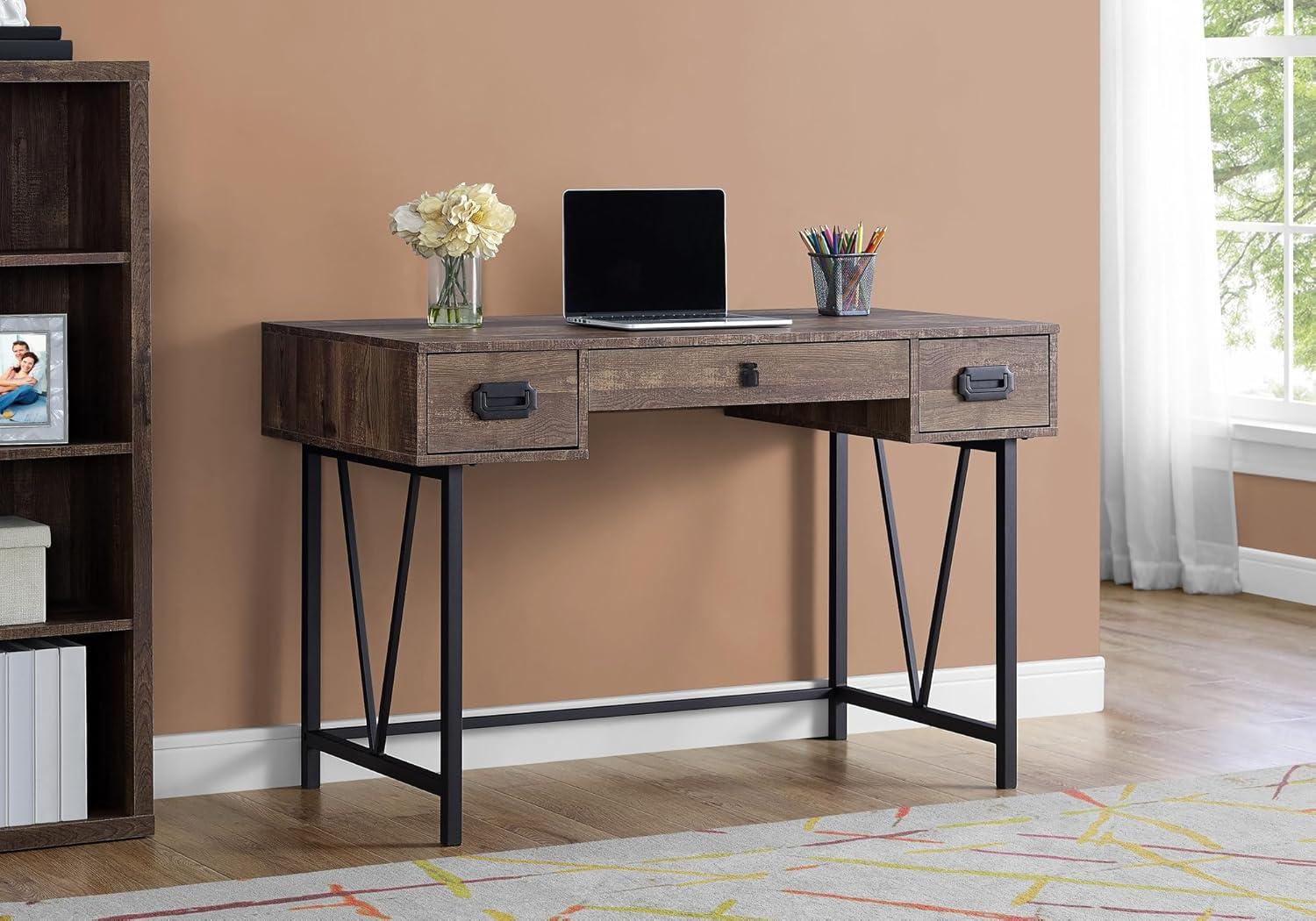 Monarch Specialties Laptop Table with Drawers-Industrial Style-Metal Legs Computer Desk Home & Office, 48" L, Brown Reclaimed Wood Look