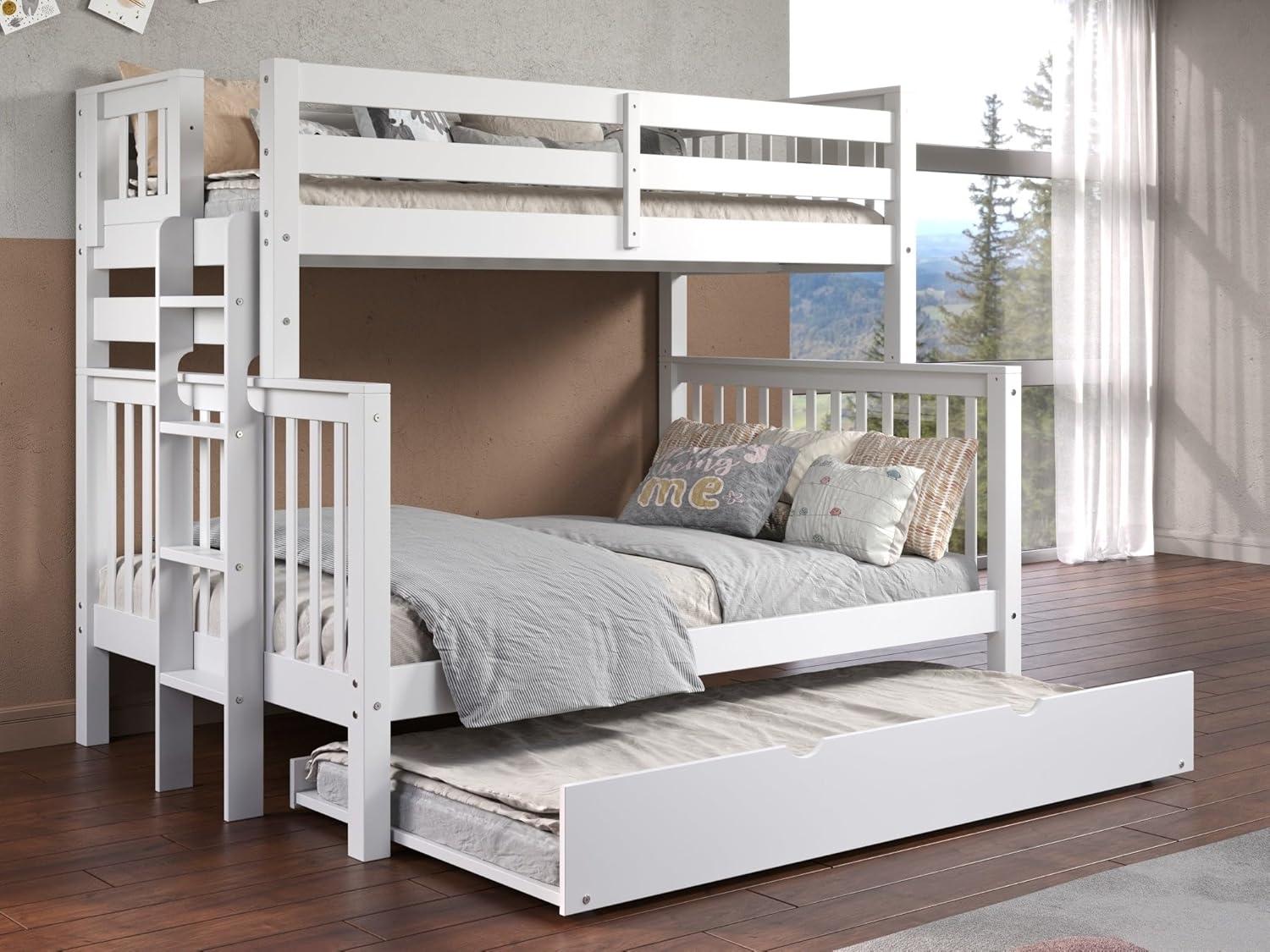 Bedz King Bunk Beds Twin over Full Mission Style with End Ladder and a Twin Trundle, White