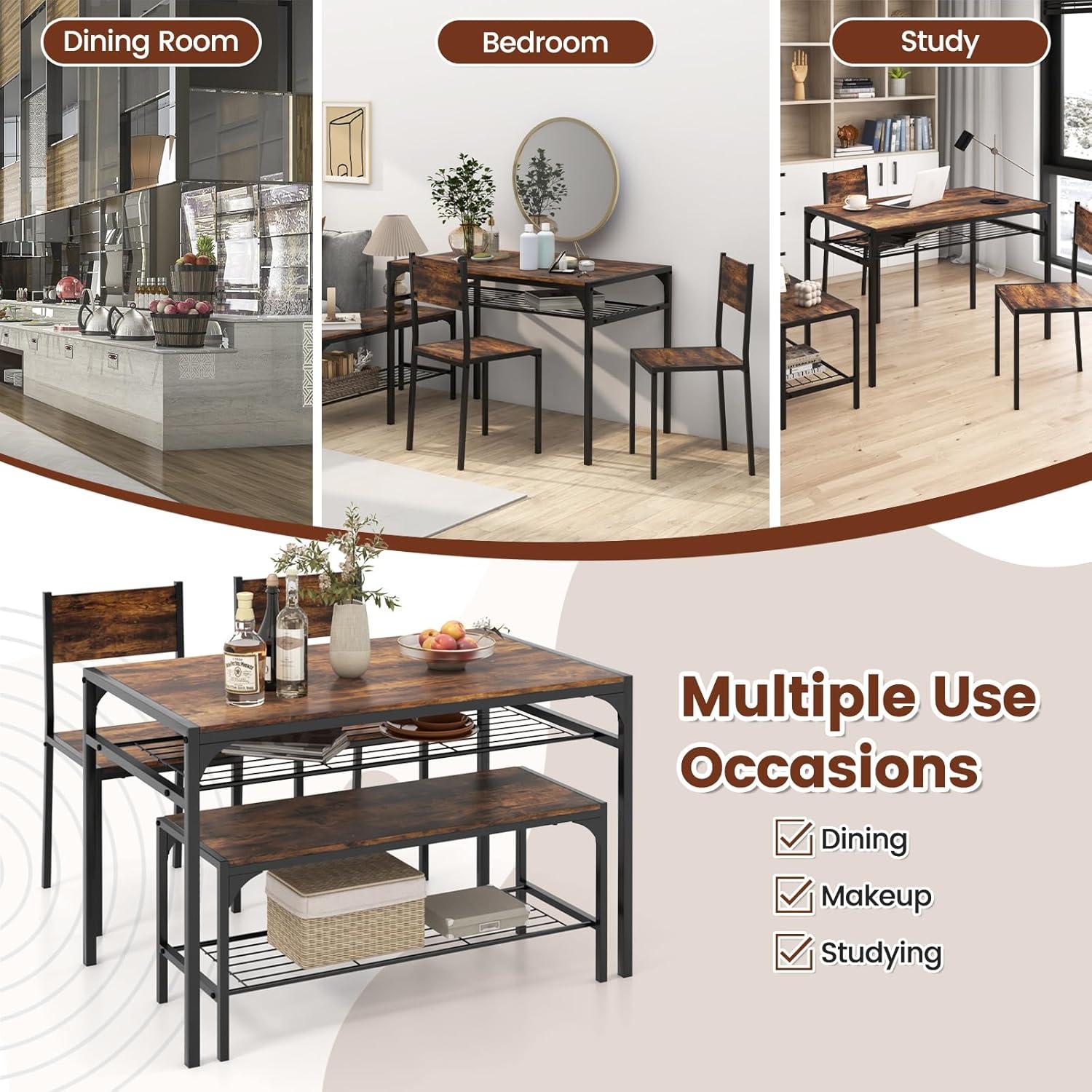 Costway Dining Table Set for 4 Rectangular Table with 2 Chairs, 1 Bench, Storage Racks Rustic Brown/Grey