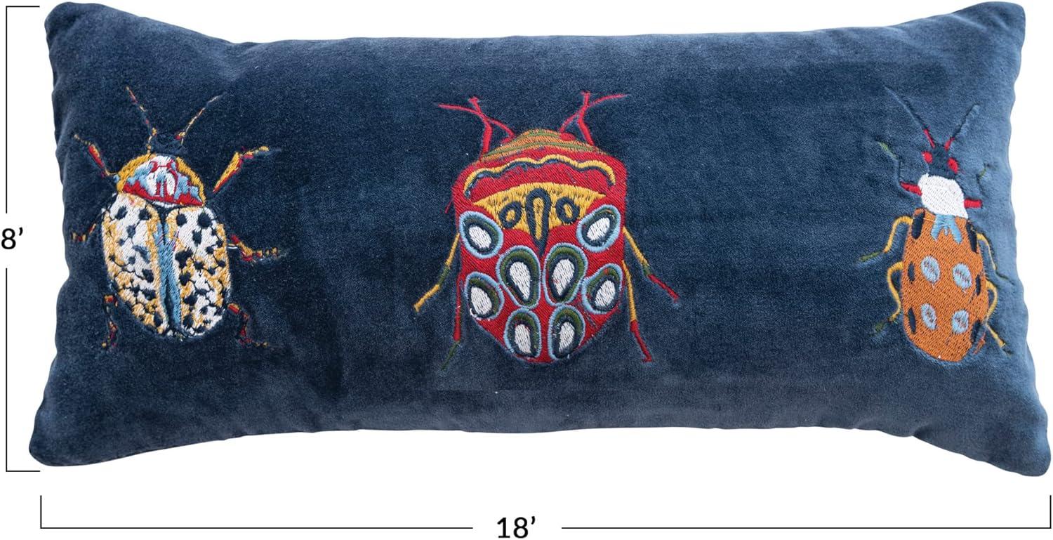 Creative Co-Op Cotton Velvet Embroidered Lumbar Pillow with Beetles and Chambray Back, Multicolor