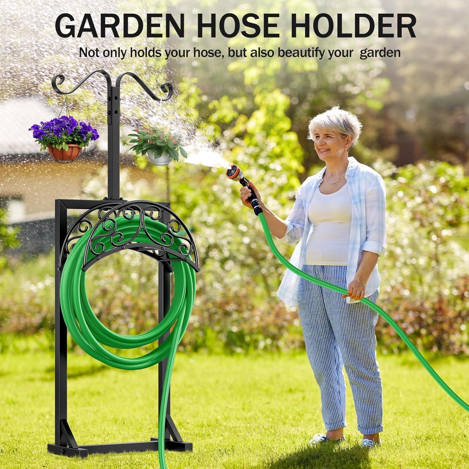 Garden Hose Holder for Outside - Upgraded Water Hose Holders with 5 Spikes & 2 Shepherds Hooks, Freestanding Hose Stand Heavy Duty Hose Hanger Hose Storage Hose Reel Rack for Outside Yard Lawn