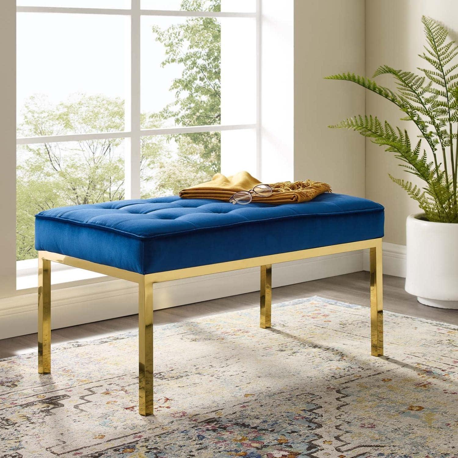 Mid-Century Gold Stainless Steel & Navy Velvet Bench - 34"