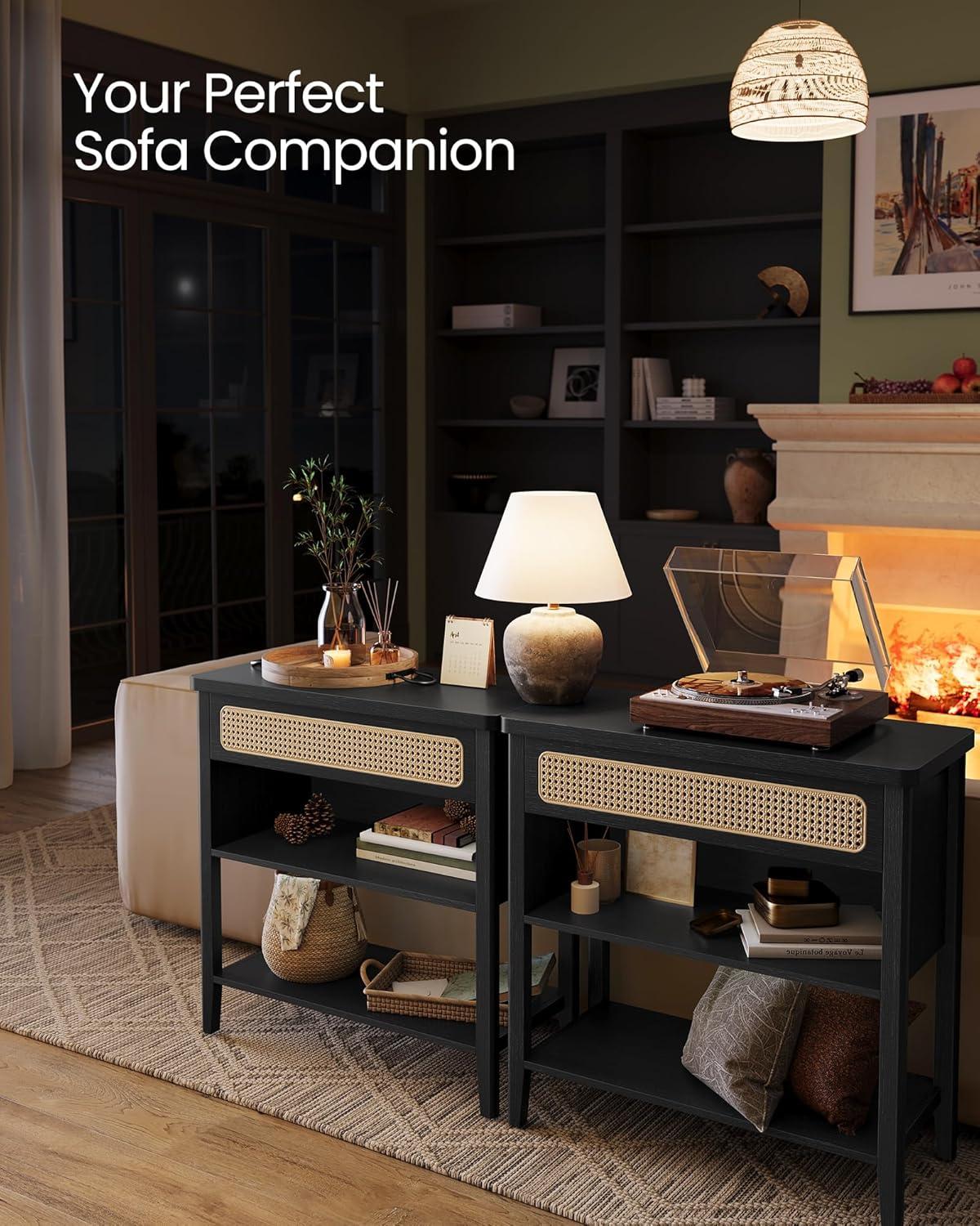 Ash Black Boho Console Table with Storage and Power Outlets