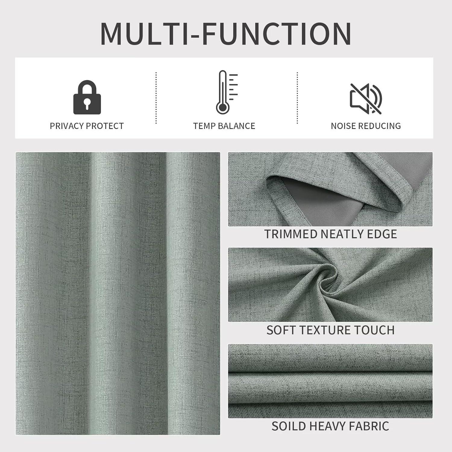 COSVIYA 100% Blackout Sage Green Linen Curtains & Drapes 84 Inch Length 2 Panels Set, Full Room Darkening Grommet Insulated Thermal Window Panels for Bedroom/Living Room,52x84 inches
