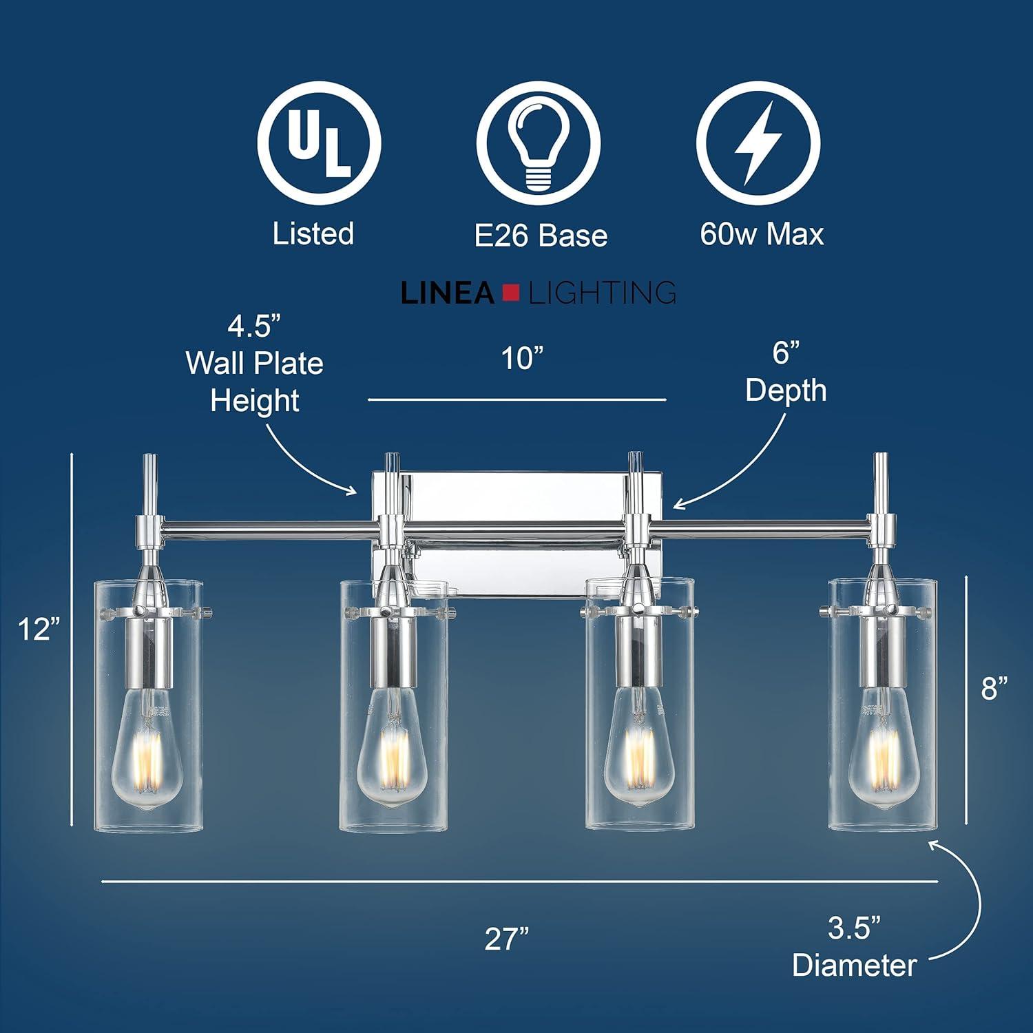 Linea di Liara Effimero Modern Farmhouse Bathroom Vanity Lights Fixtures 4 Lights Over Mirror Chrome Vanity Lights for Bathroom Light Fixtures Industrial Lighting Clear Glass Covers, UL Listed