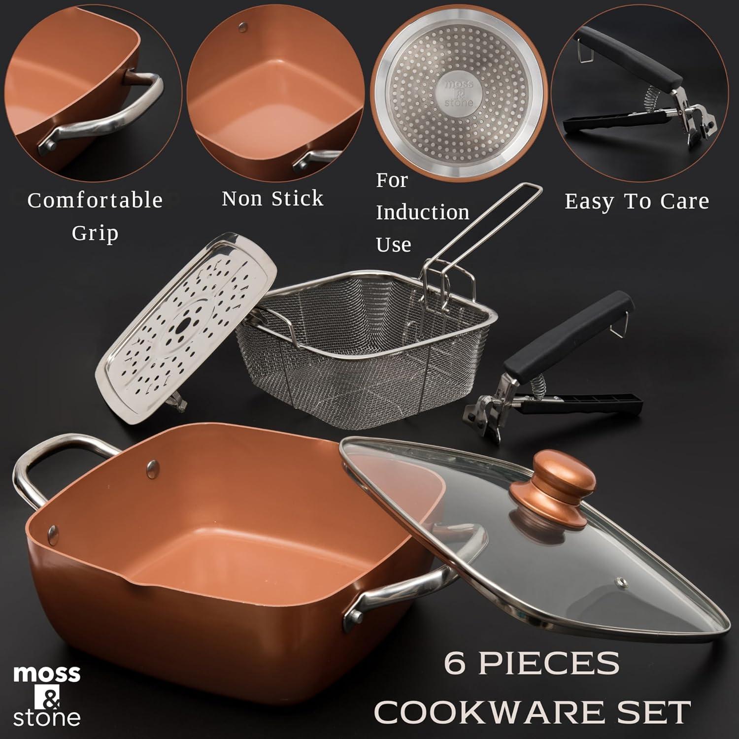 Moss & Stone Copper 6 Piece Set Chef Cookware, Non Stick Pan, Deep Square Pan, Fry Basket, Steamer Tray, Dishwasher & Oven Safe, 5 Quart Copper Pot Set, 9.5" Copper Induction Cookware Set