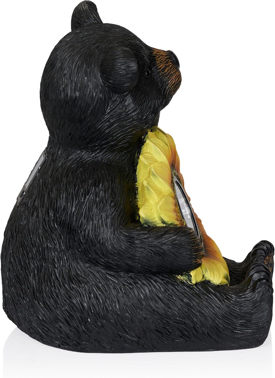 Alpine Corporation GXT520SLR-L Solar Powered Bear Statue with LED Sunflower for Outdoor Lawn and Yard Decoration, 16" H, Brown