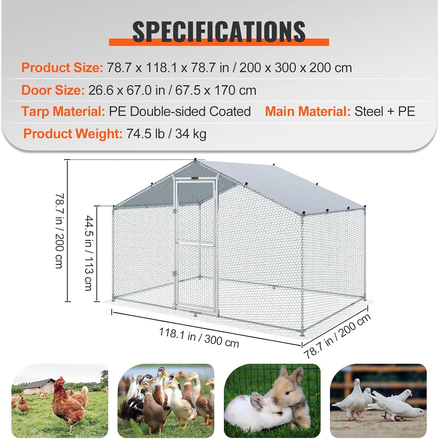 VEVOR Large Metal Chicken Coop with Run Walkin Chicken Coop for Yard with Waterproof Cover 6.6 x 9.8 x 6.6 ft - Peaked Roof