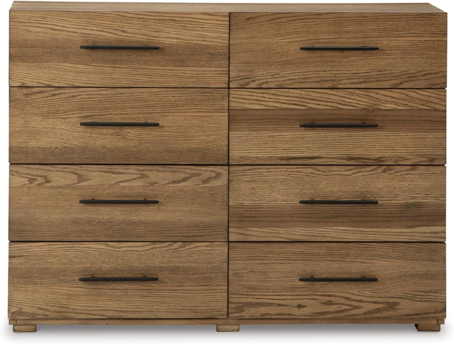 Light Brown Oak Veneer 8-Drawer Dresser with Black Iron Pulls