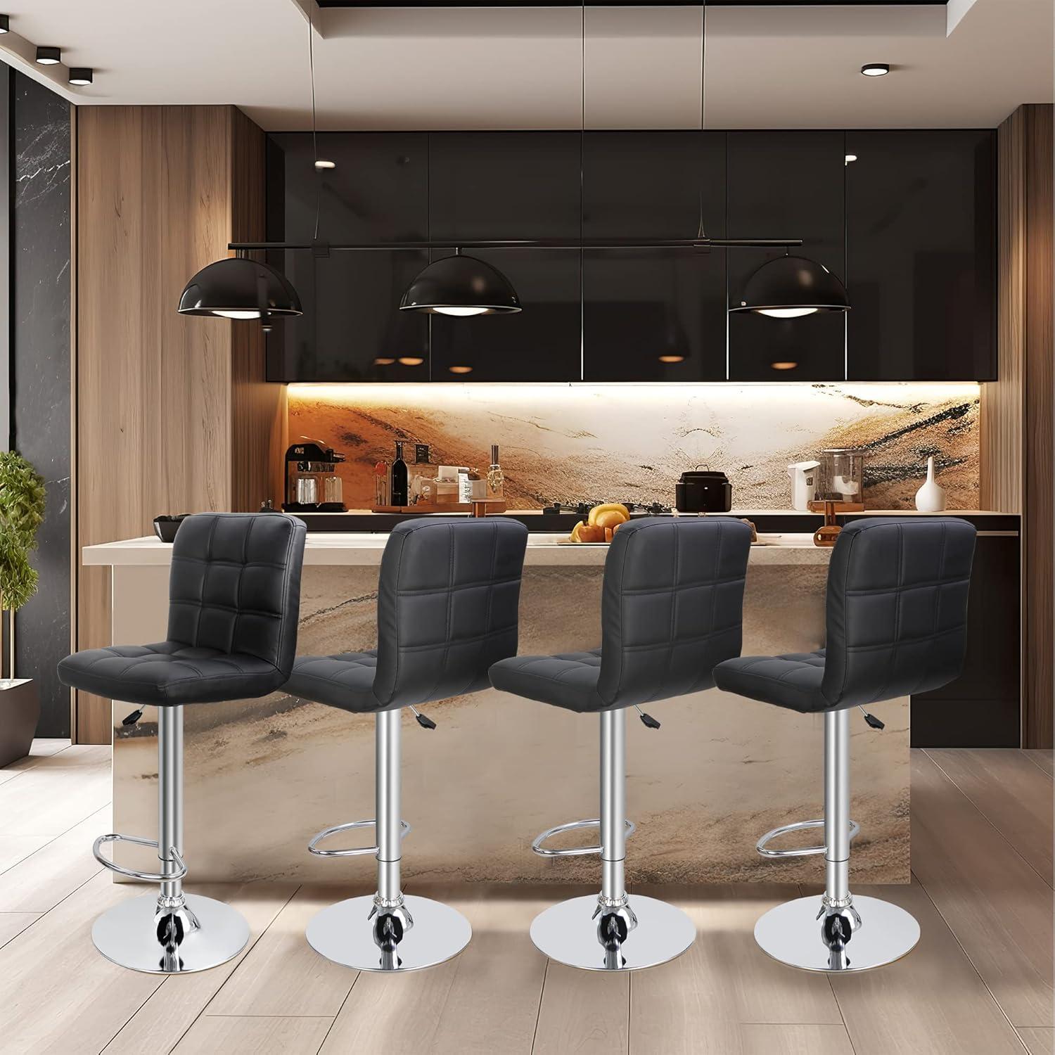 Adjustable Black PU Leather Swivel Bar Stools Set with Chrome Base