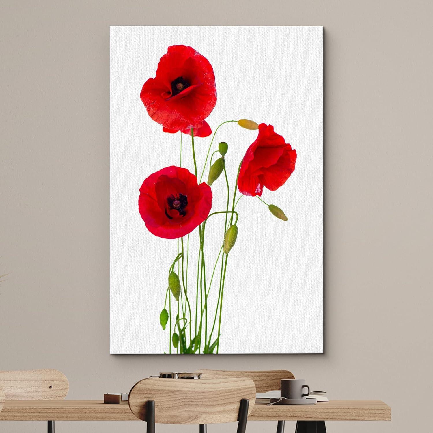 wall26 Canvas Print Wall Art Red Poppy Flowers on White Wood Panels Nature Wilderness Digital Art Realism Chic Colorful Multicolor Ultra for Living Room, Bedroom, Office - 12"x18"