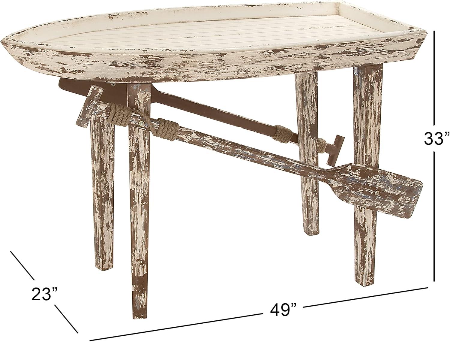 DecMode 49" x 33" White Wood Distressed Tray Top Boat Accent Table with Oar Detailed Legs, 1-Piece