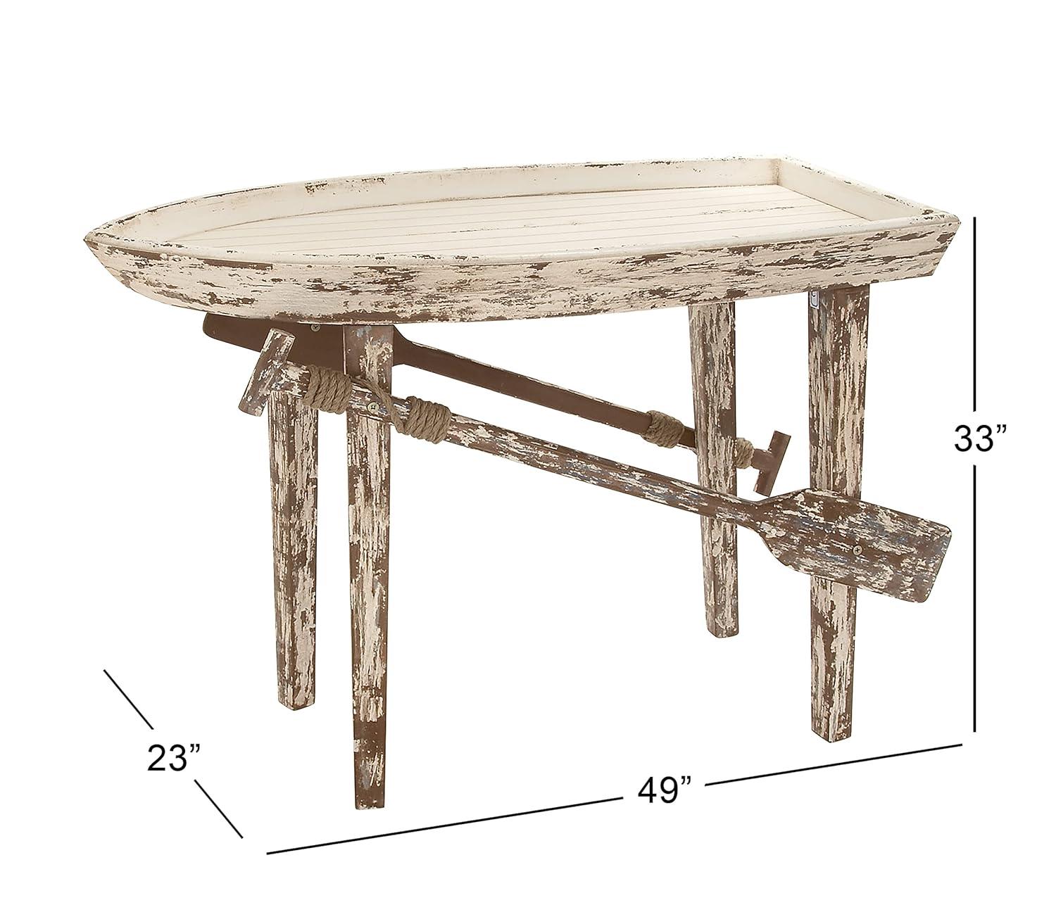 DecMode 49" x 33" White Wood Distressed Tray Top Boat Accent Table with Oar Detailed Legs, 1-Piece