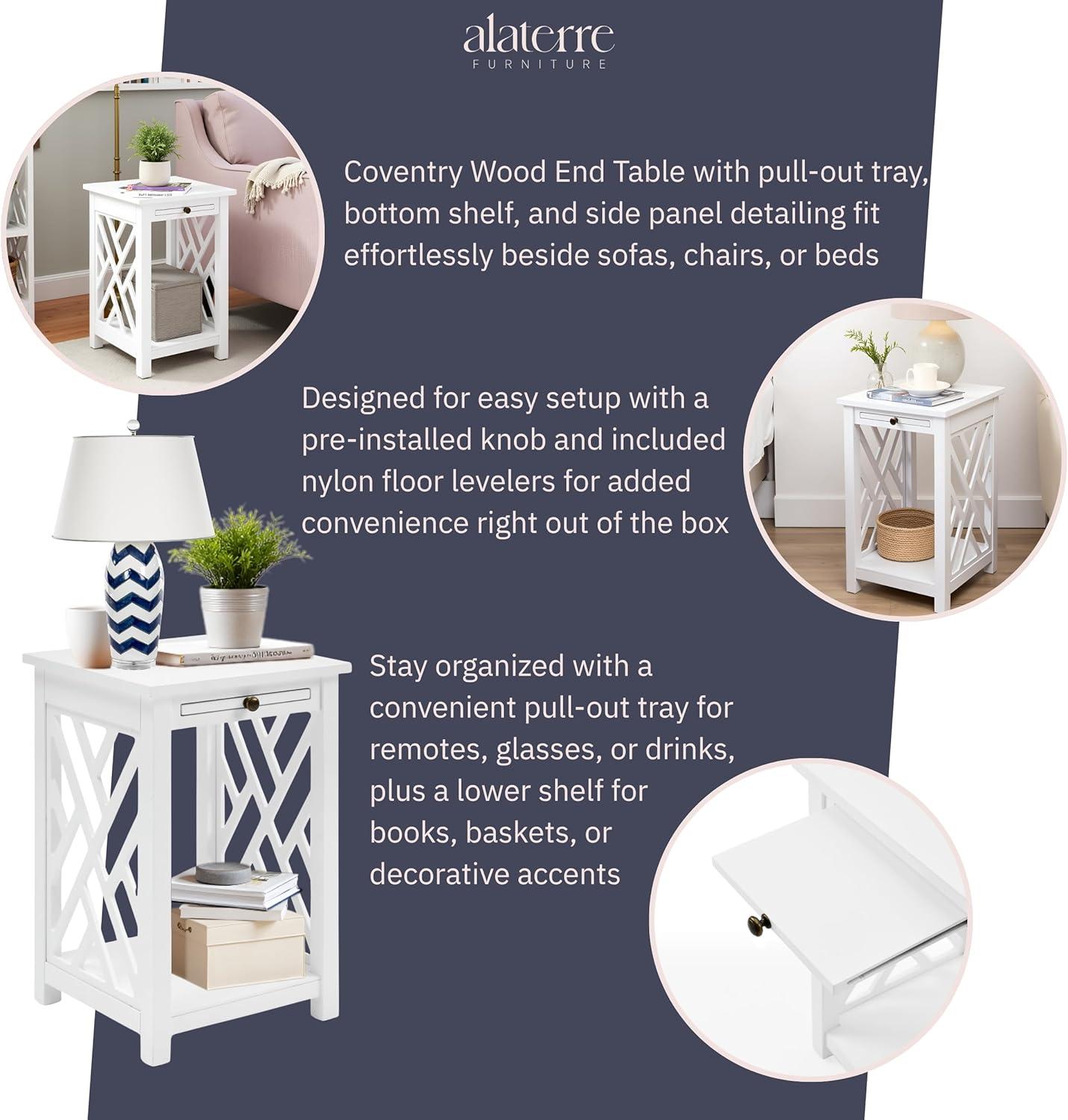 Alaterre Furniture Coventry Wood End Table with Tray and Bottom Shelf, Modern Accent Furniture, White