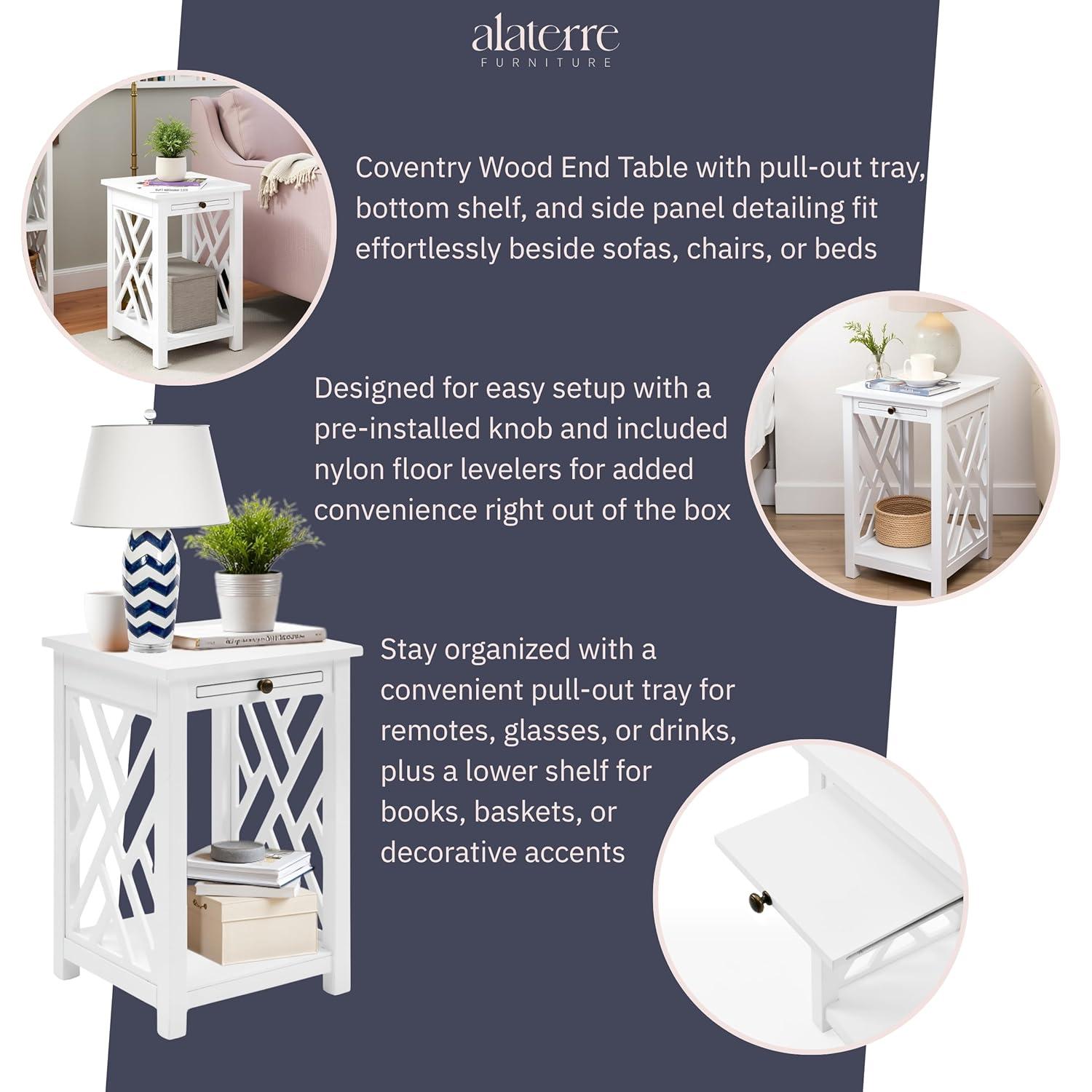Alaterre Furniture Coventry Wood End Table with Tray and Bottom Shelf, Modern Accent Furniture, White