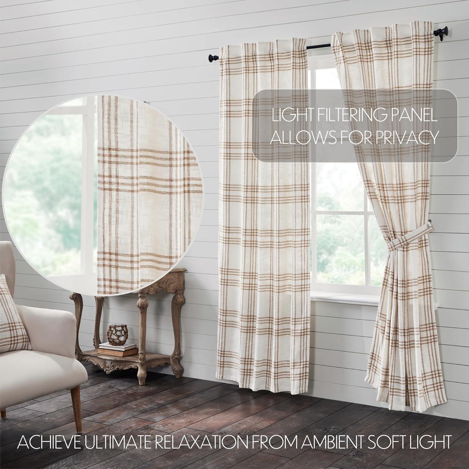 White and Tan Plaid Cotton Light-Filtering Curtain Panels, 84x40, Set of 2