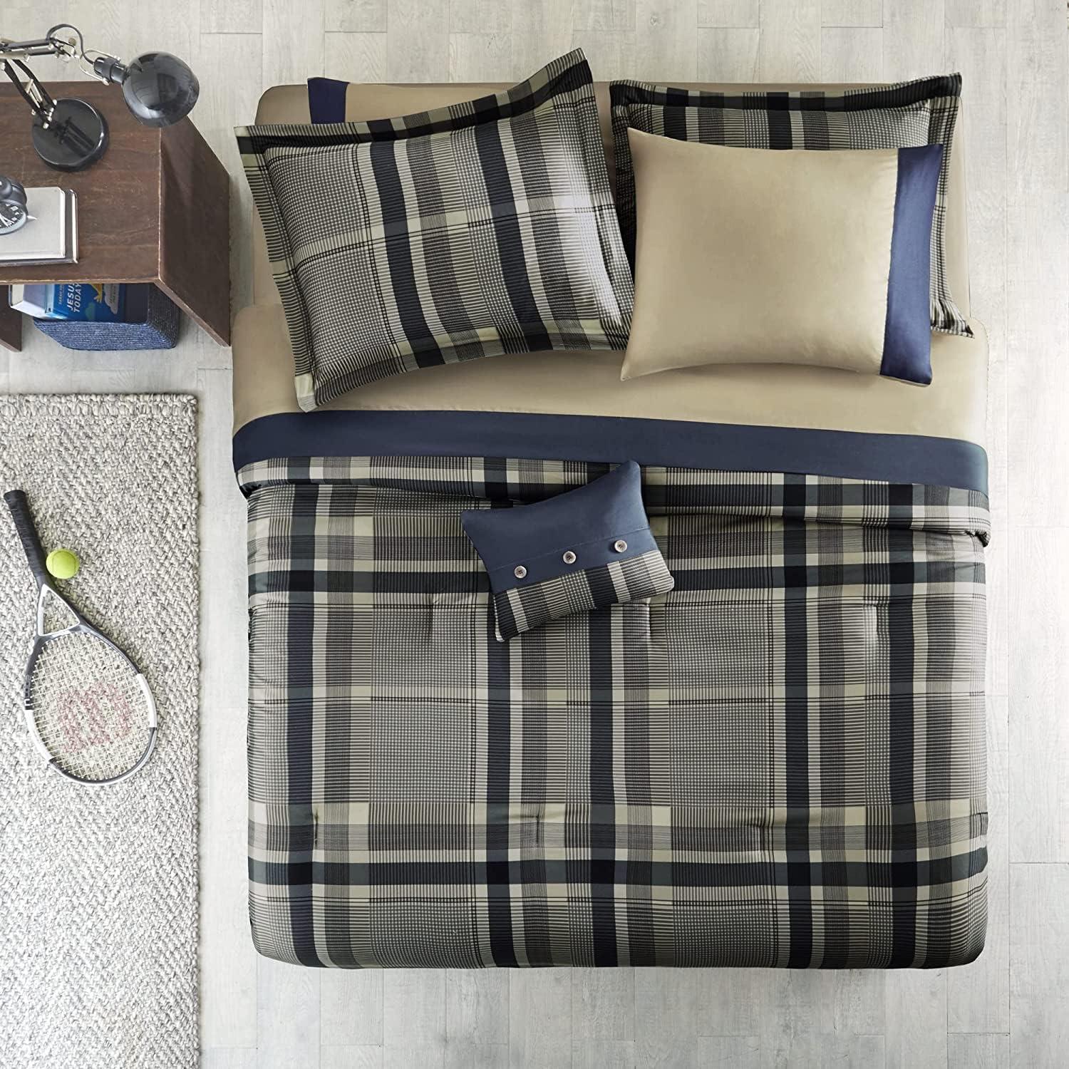 Intelligent Design Rick Plaid Print Antimicrobial Comforter Set with Bed Sheet Navy