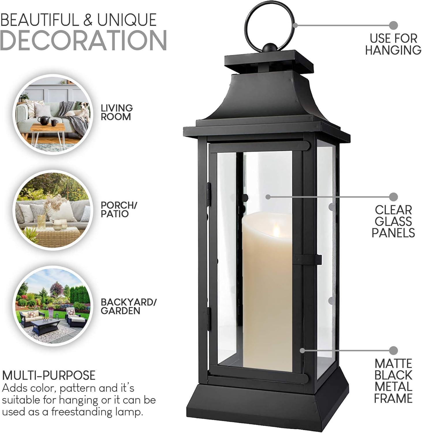 Small Black Iron Hurricane Lantern with Clear Glass Panels