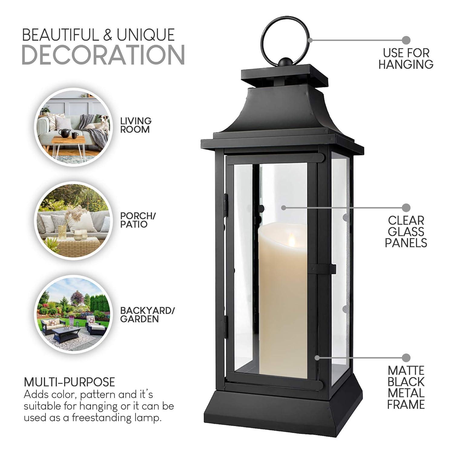Small Black Iron Hurricane Lantern with Clear Glass Panels