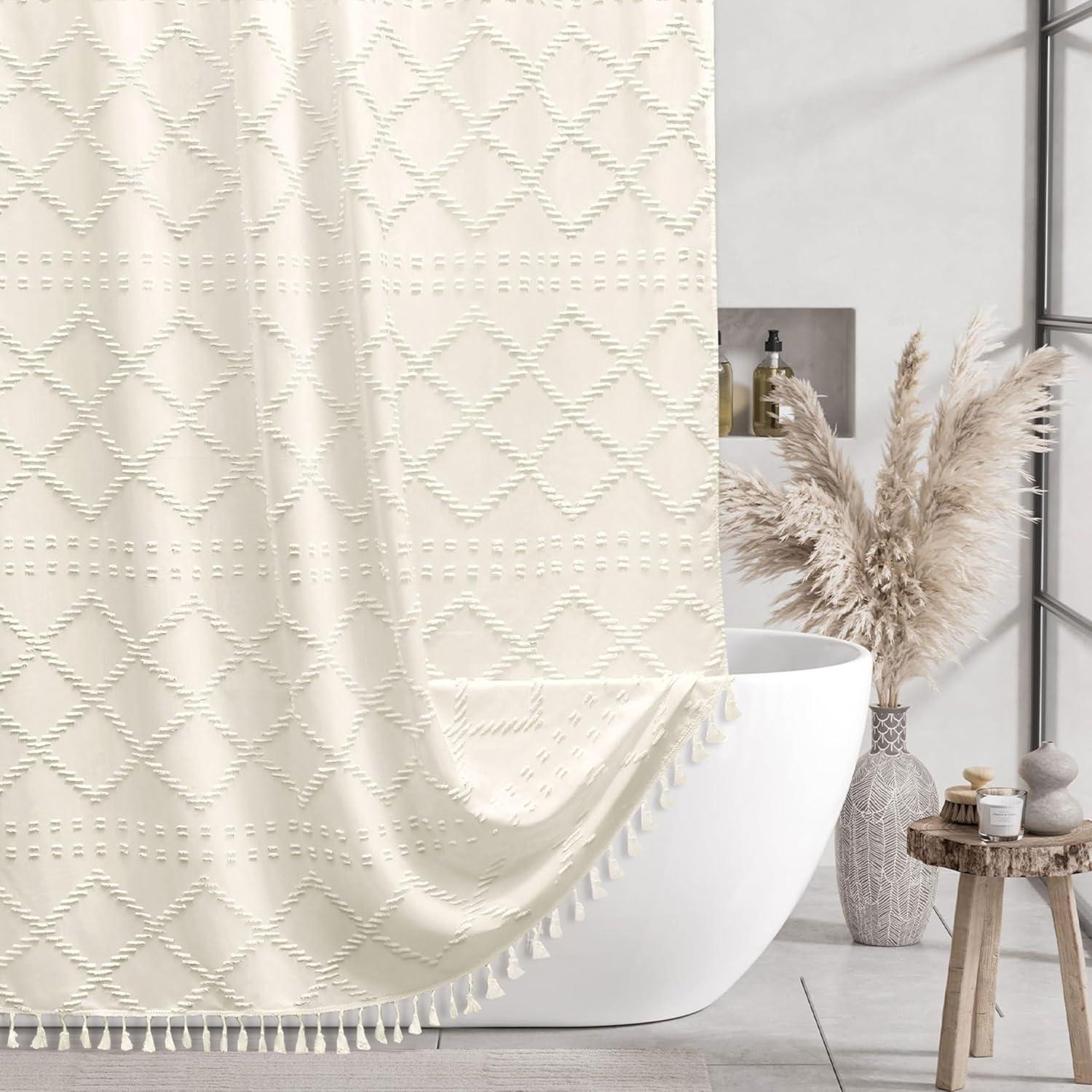 Cream Chevron Textured Boho Fabric Shower Curtain, 72 x 72