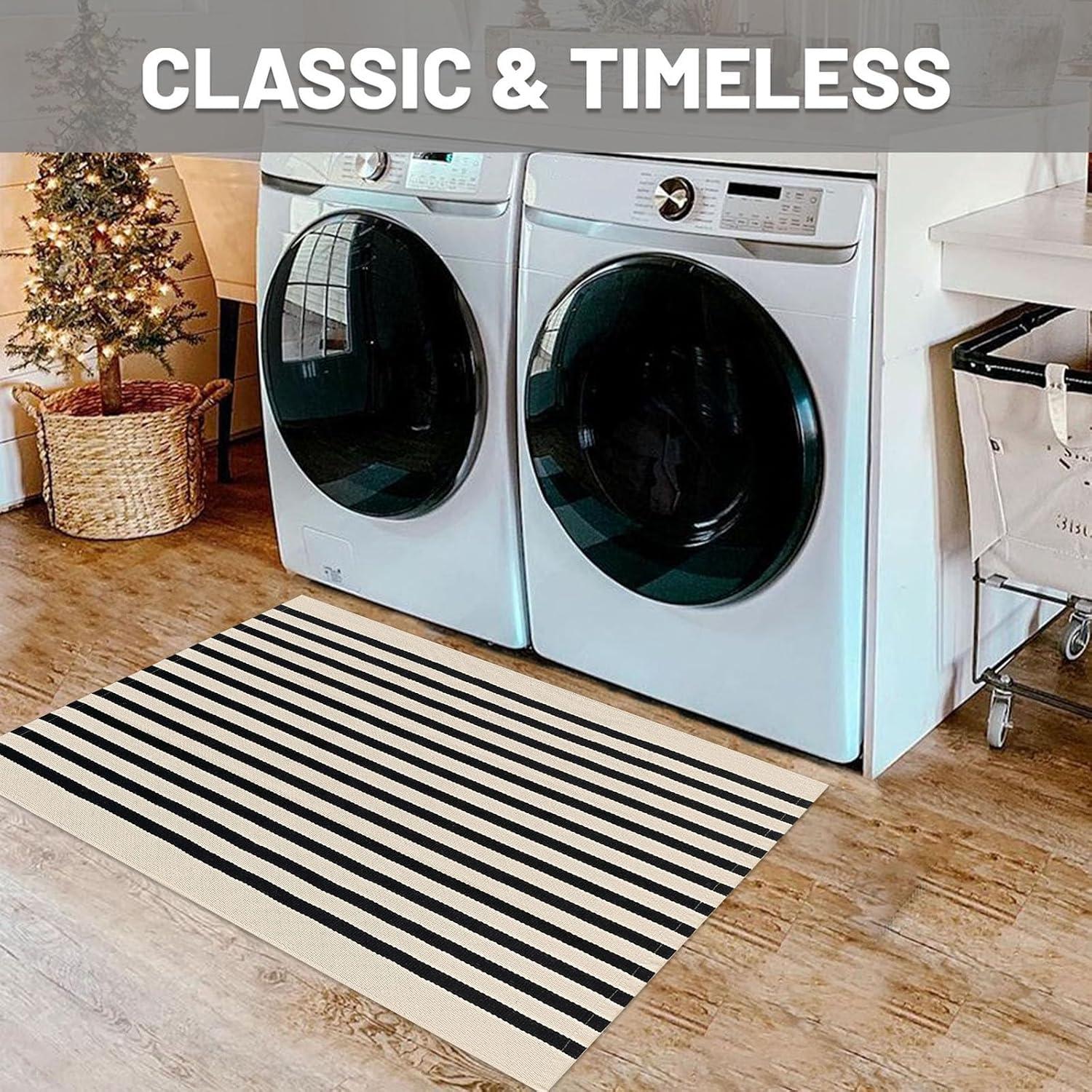 IOHOUZE Navy and White Striped Rug 2'x3' Front Door Rugs, Small Washable Area Rug for Front Porch, Spring Summer Doormats Outdoor Indoor, Cotton Rugs for Entryway Porch Entrance