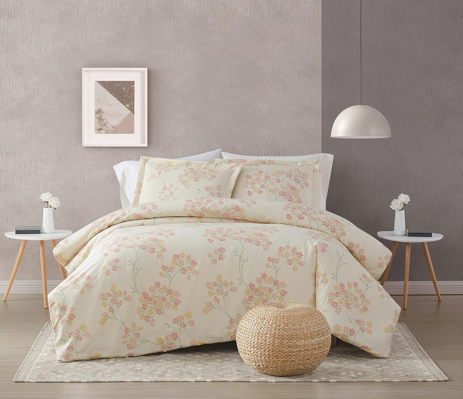 Ivory Cotton Floral Reversible Full Comforter Set