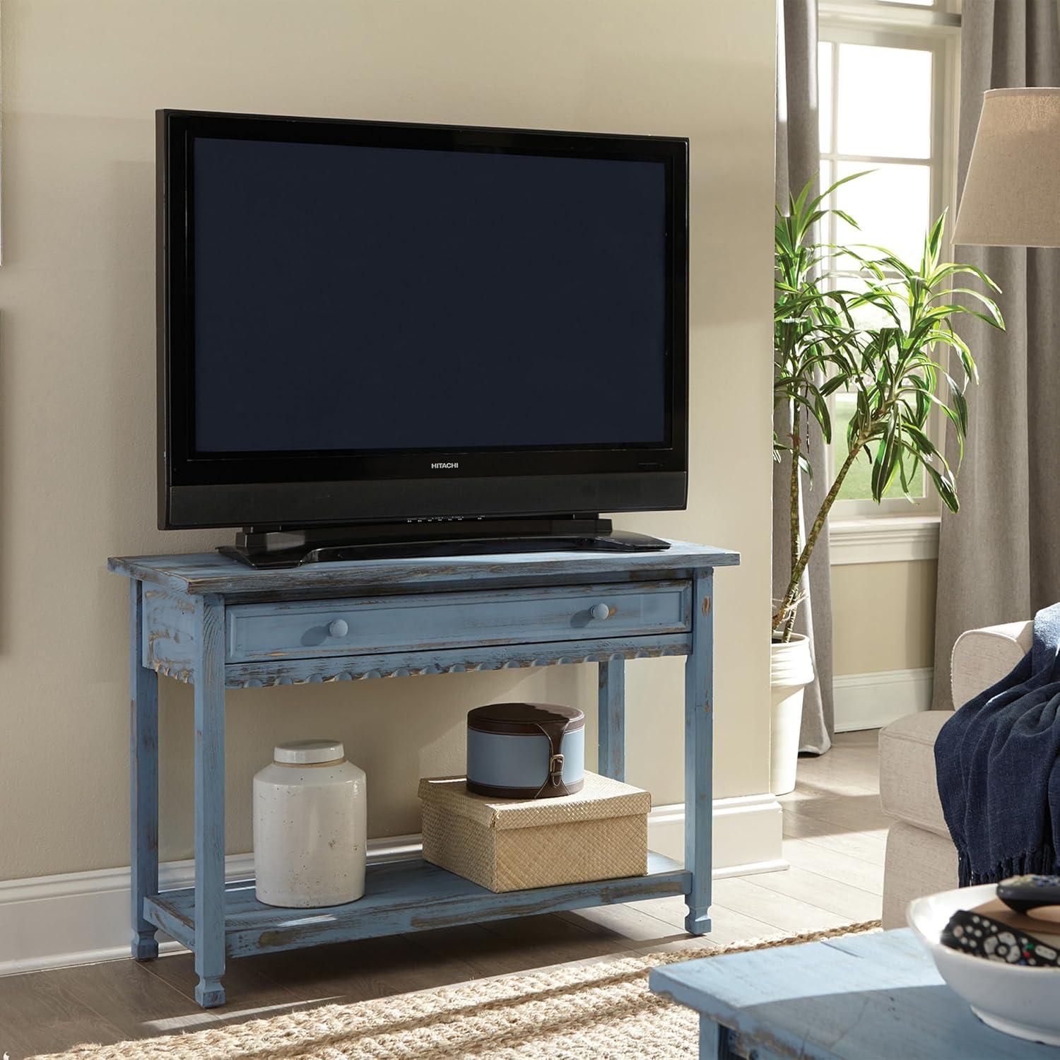 Alaterre Furniture Country Cottage Media/Console Table, Solid Pine Wood Perfect for Living Room, Entryway, Hallway, Blue Antique Finish