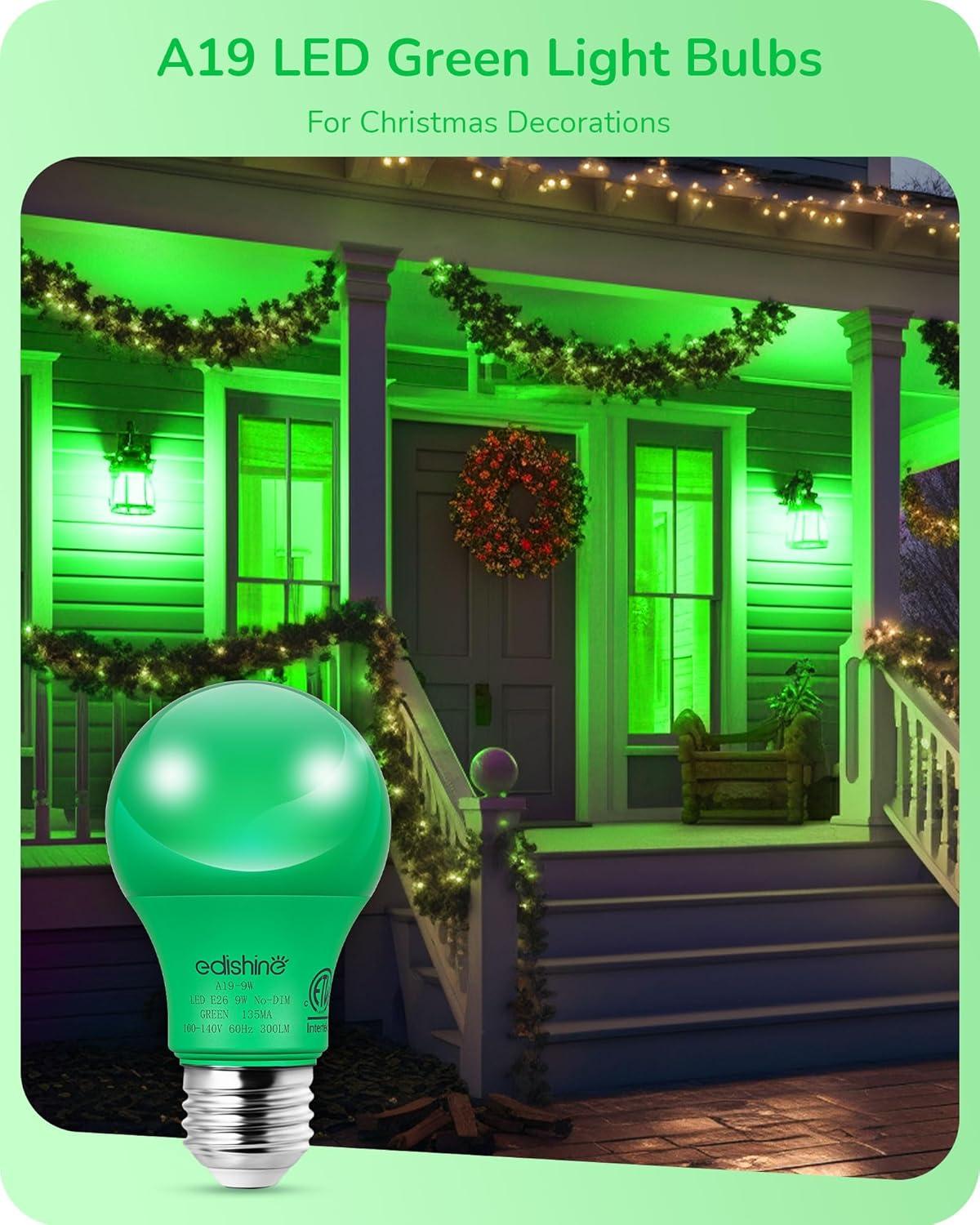 EDISHINE Green LED Light Bulbs for Holiday Party Decoration, A19 9W LED Bulbs 60W Equivalent E26 Base 4 Pack, ETL Listed